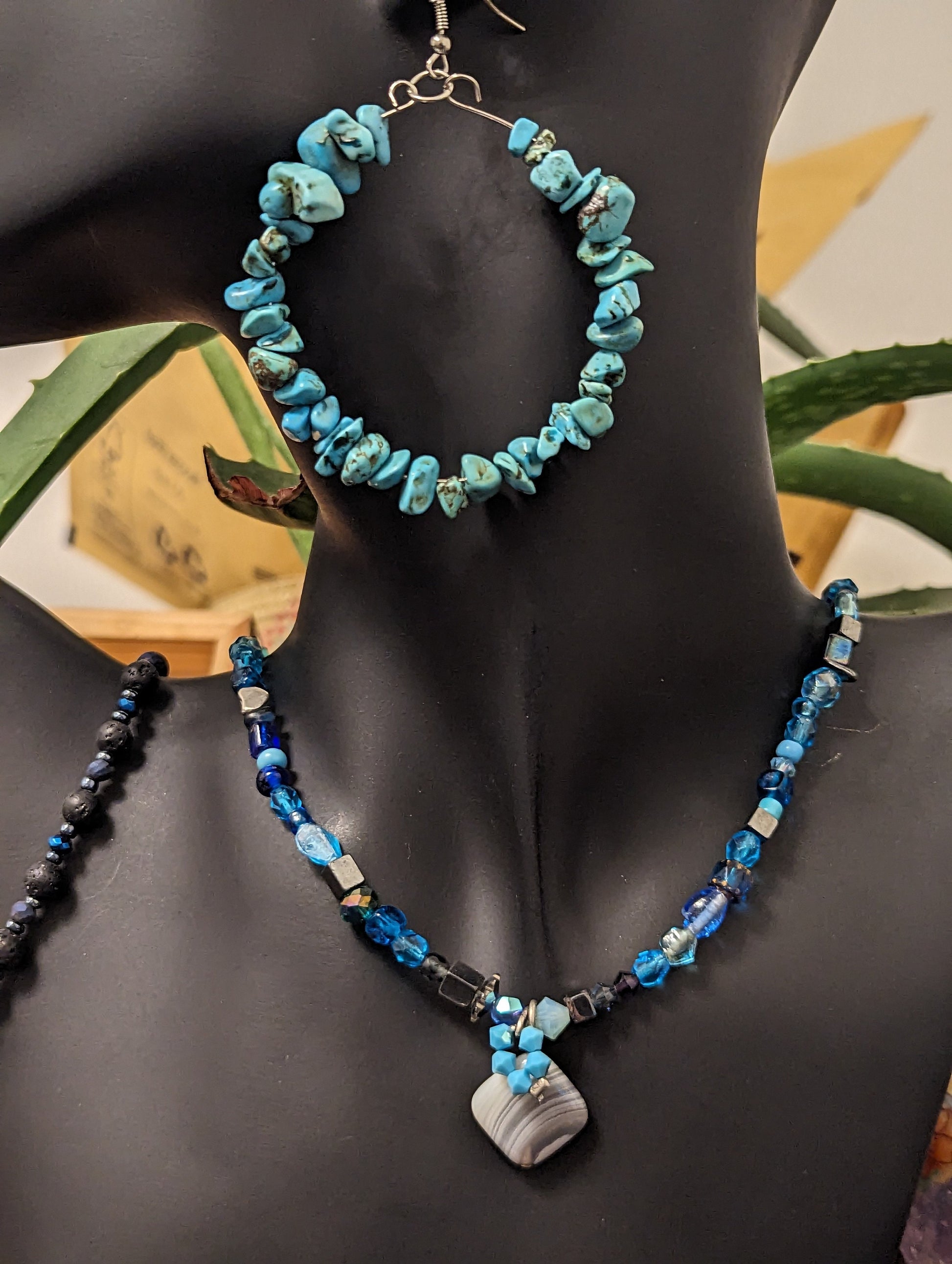 Light Blue Necklace with Agate Grey Gemstone Pendant and Turquoise Loop Earrings with Black Blue Beaded Bracelet