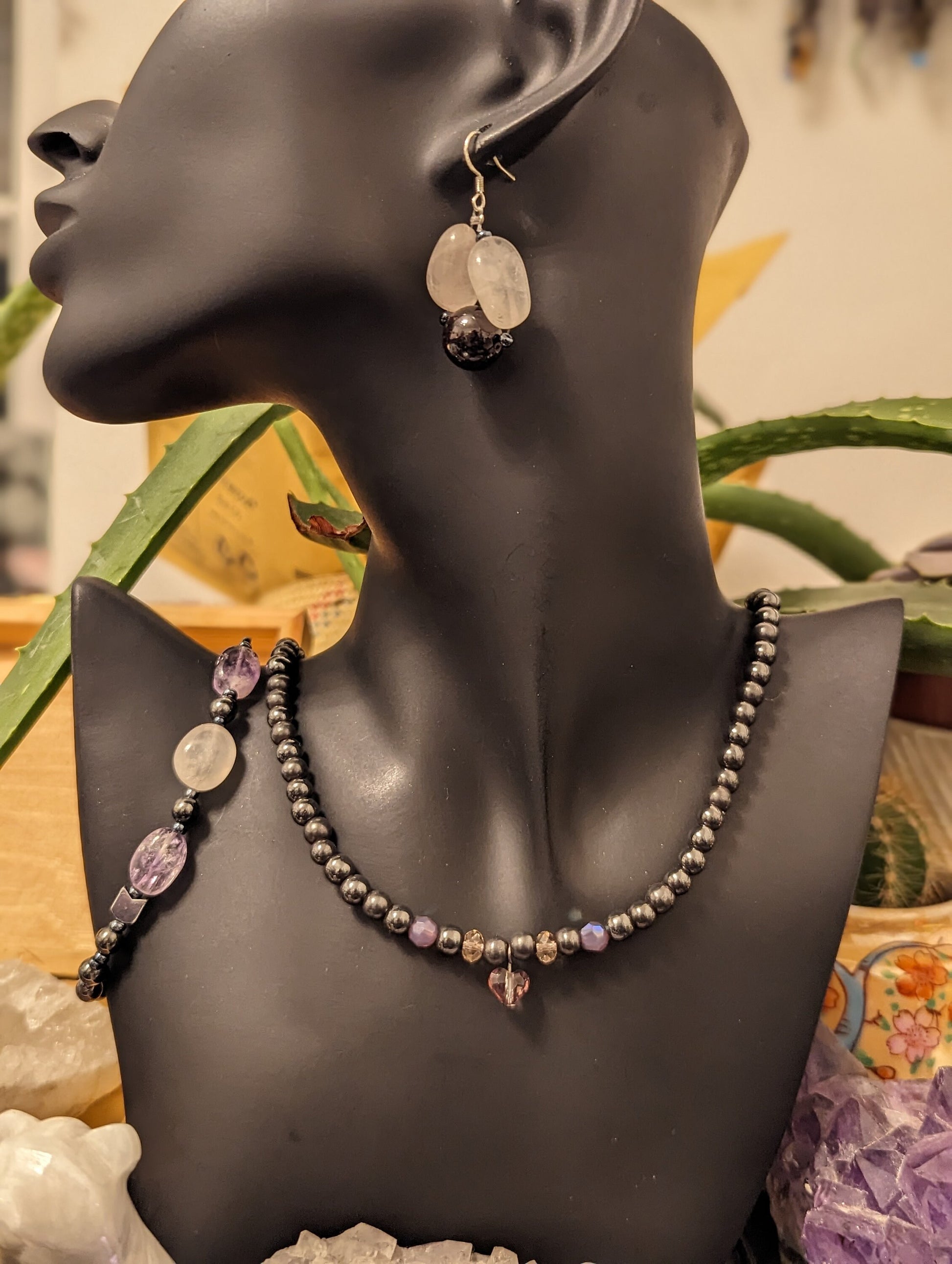 Hematite Styled Beaded Necklace with Delicate Purple Heart Pendant and Purple Beads, Rose Quartz, Amethyst and garnet Bracelet and Earrings