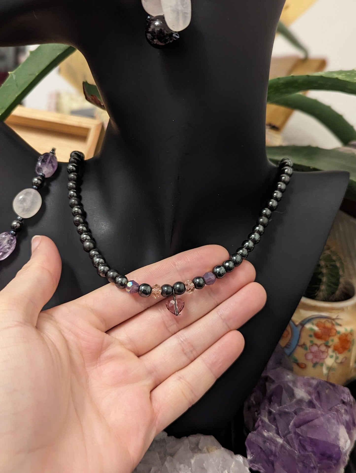 Hematite Styled Beaded Necklace with Delicate Purple Heart Pendant and Purple Beads, Rose Quartz, Amethyst and garnet Bracelet and Earrings