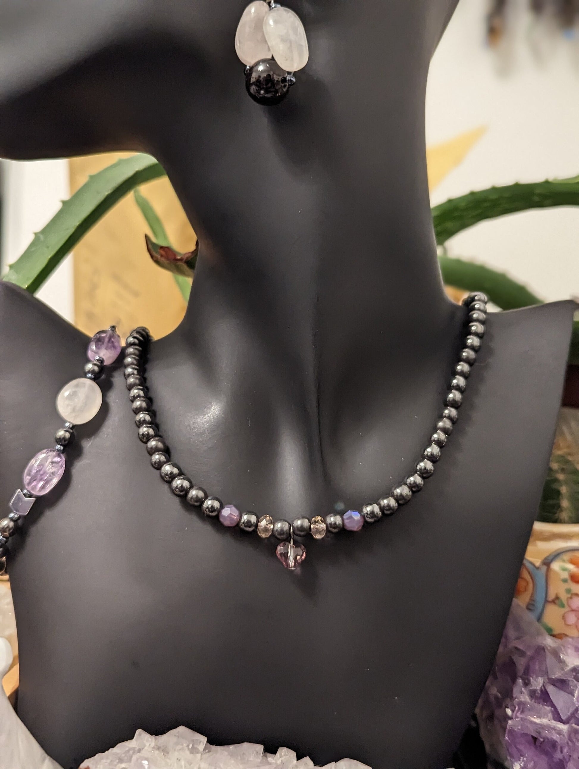 Hematite Styled Beaded Necklace with Delicate Purple Heart Pendant and Purple Beads, Rose Quartz, Amethyst and garnet Bracelet and Earrings