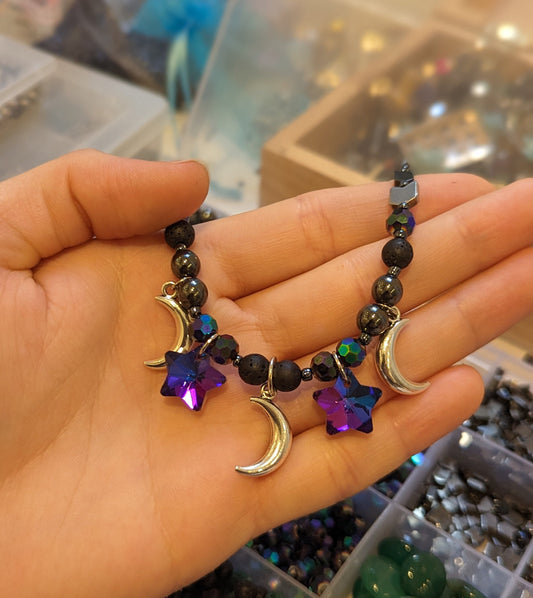 Space Themed Necklace with Three Silver Moons and Two Purple Glass Star Pendants, Hematite Styled Beads, Purple and Black Beads