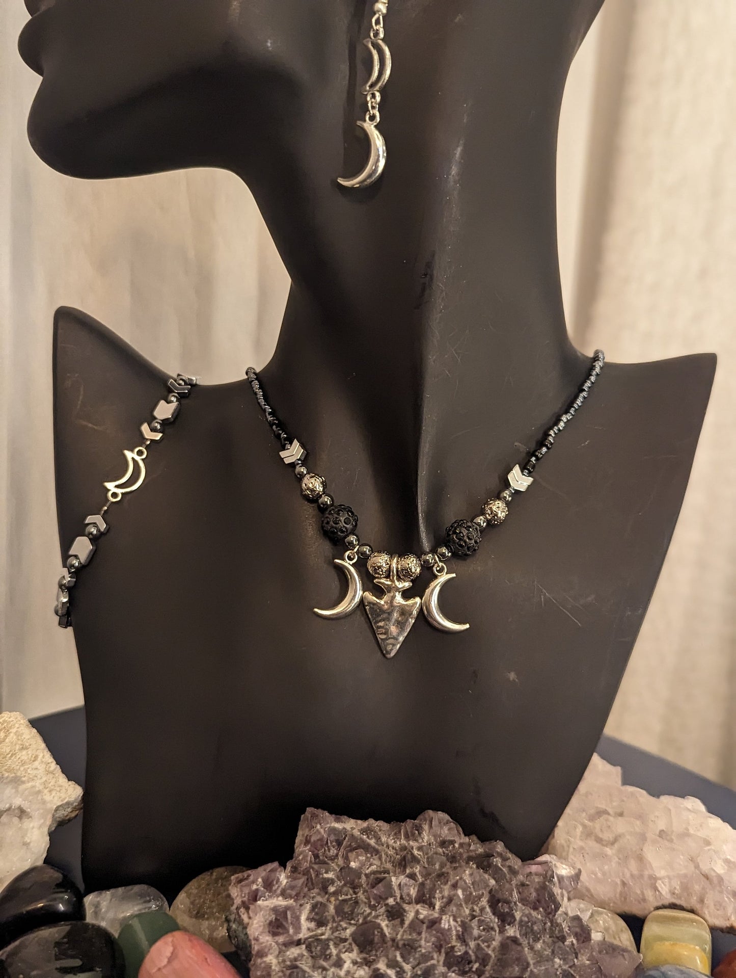 Unisex Tribal Silver Spearhead and Silver Crescent Moons Set