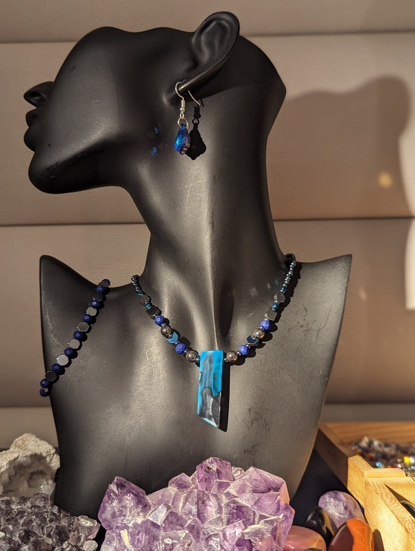 Colourful Black and Blue Agate Set with fitting Baroque Earrings