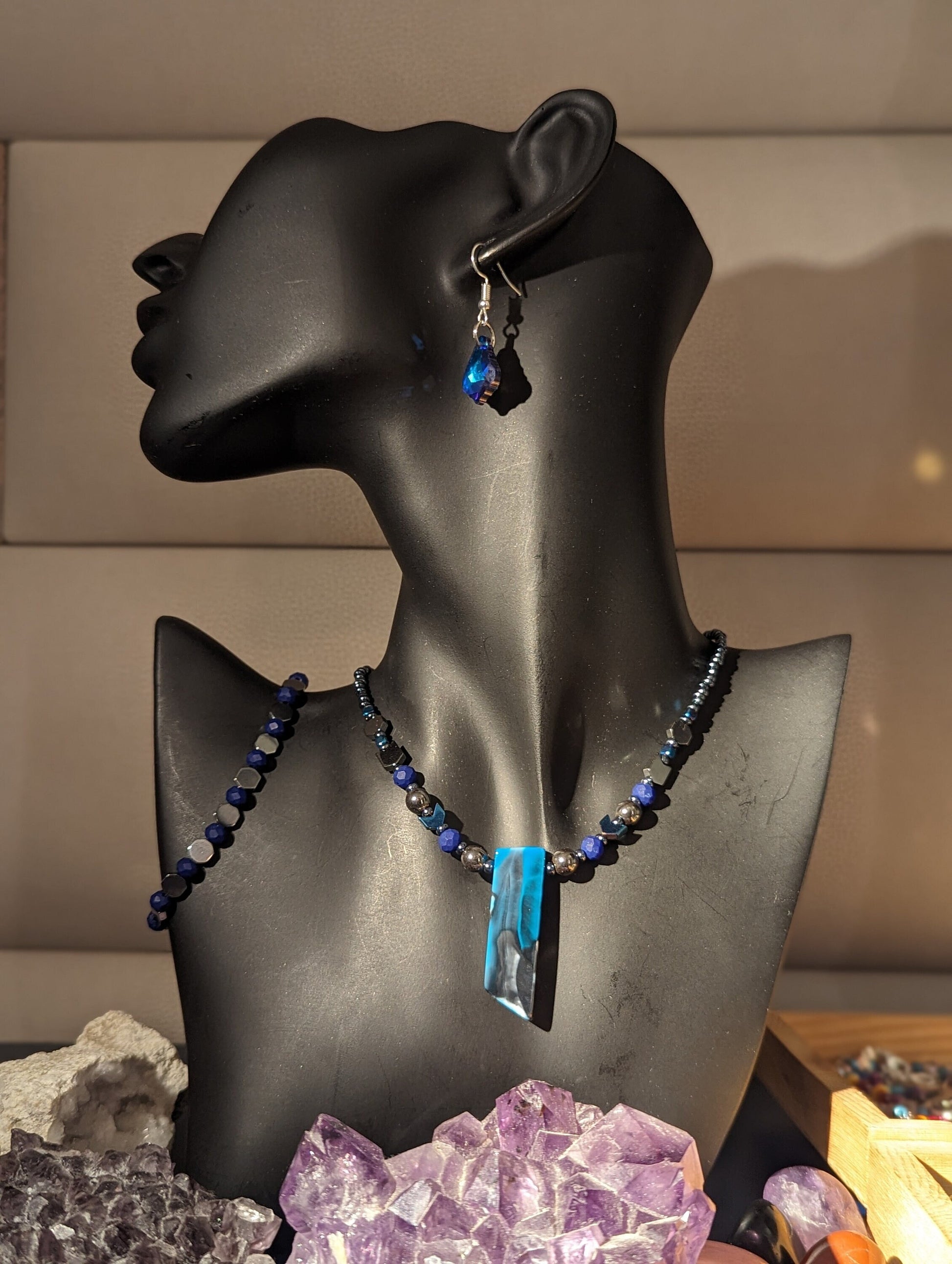 Colourful Black and Blue Agate Set with fitting Baroque Earrings