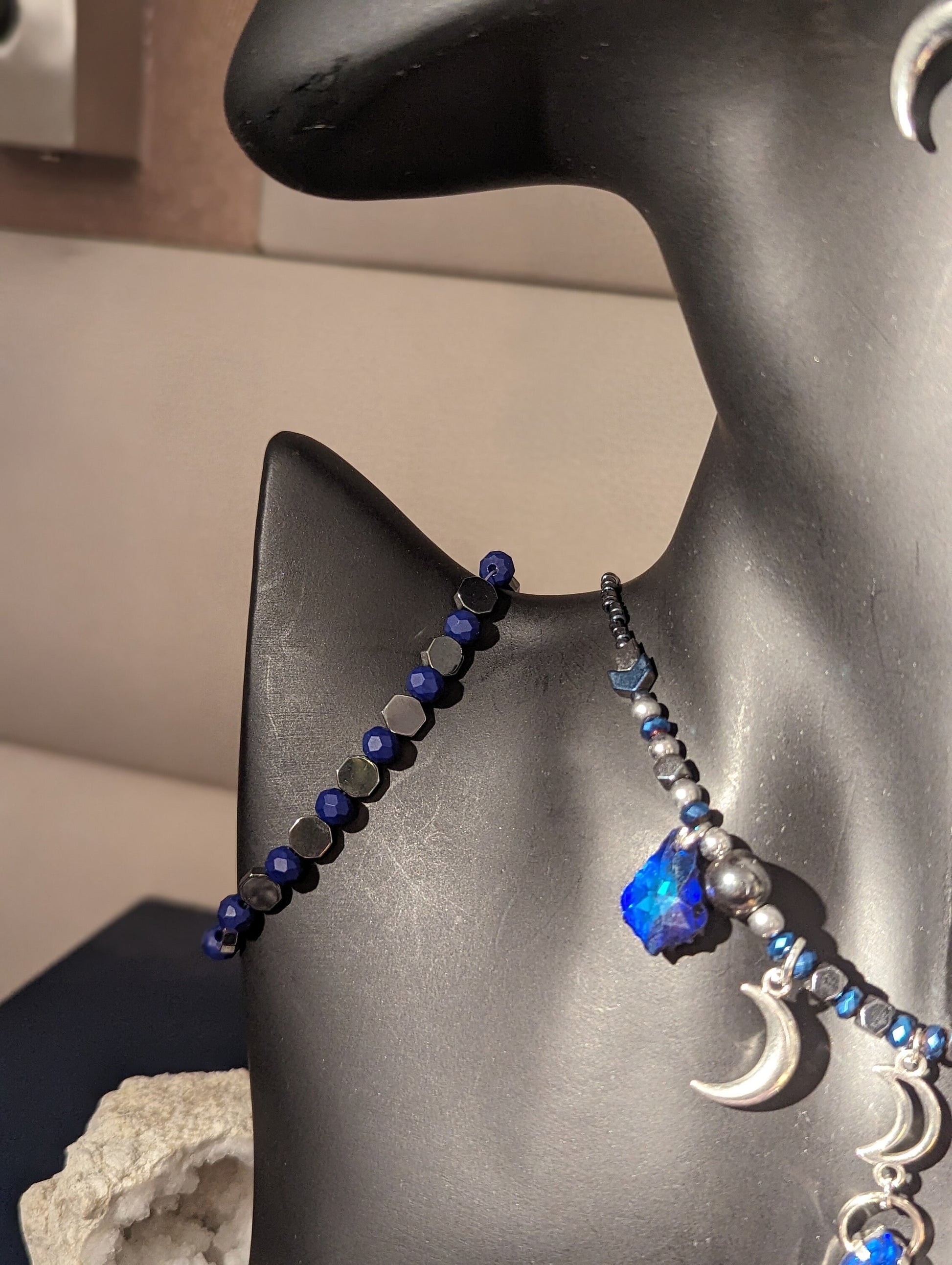 Moon on the Lake Composition: Silver Moon Pendants, Waterdrop, Baroque Pendants, Hematite Styled Blue Beads, Fitting Earrings and Bracelet