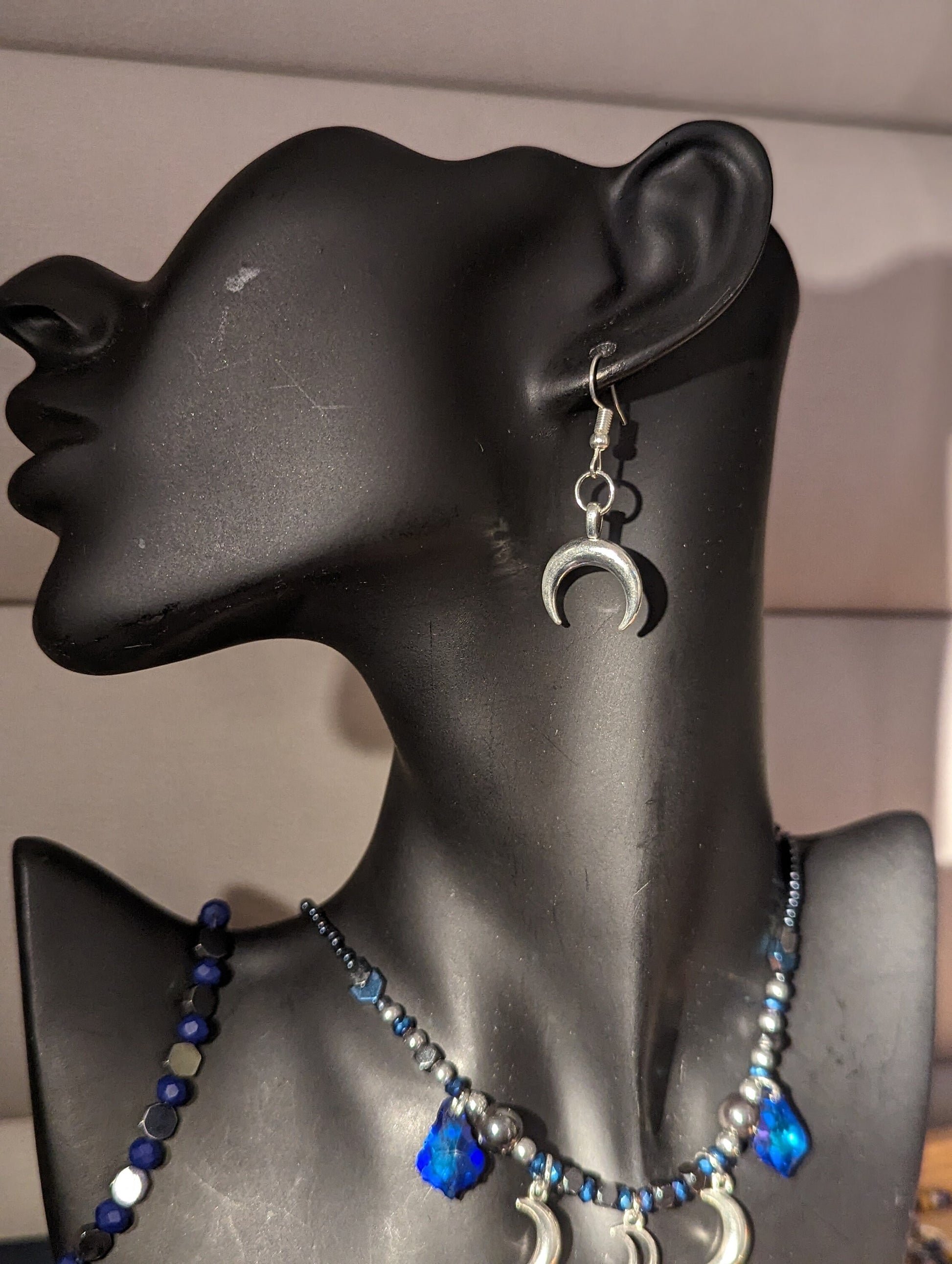 Moon on the Lake Composition: Silver Moon Pendants, Waterdrop, Baroque Pendants, Hematite Styled Blue Beads, Fitting Earrings and Bracelet