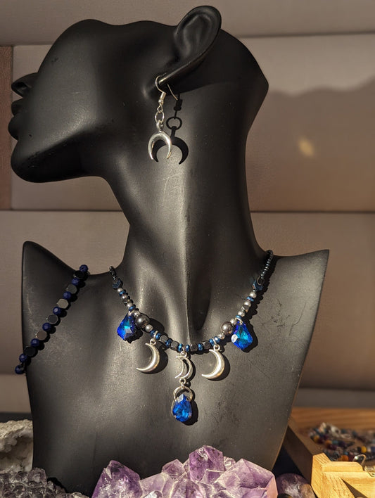 Moon on the Lake Composition: Silver Moon Pendants, Waterdrop, Baroque Pendants, Hematite Styled Blue Beads, Fitting Earrings and Bracelet