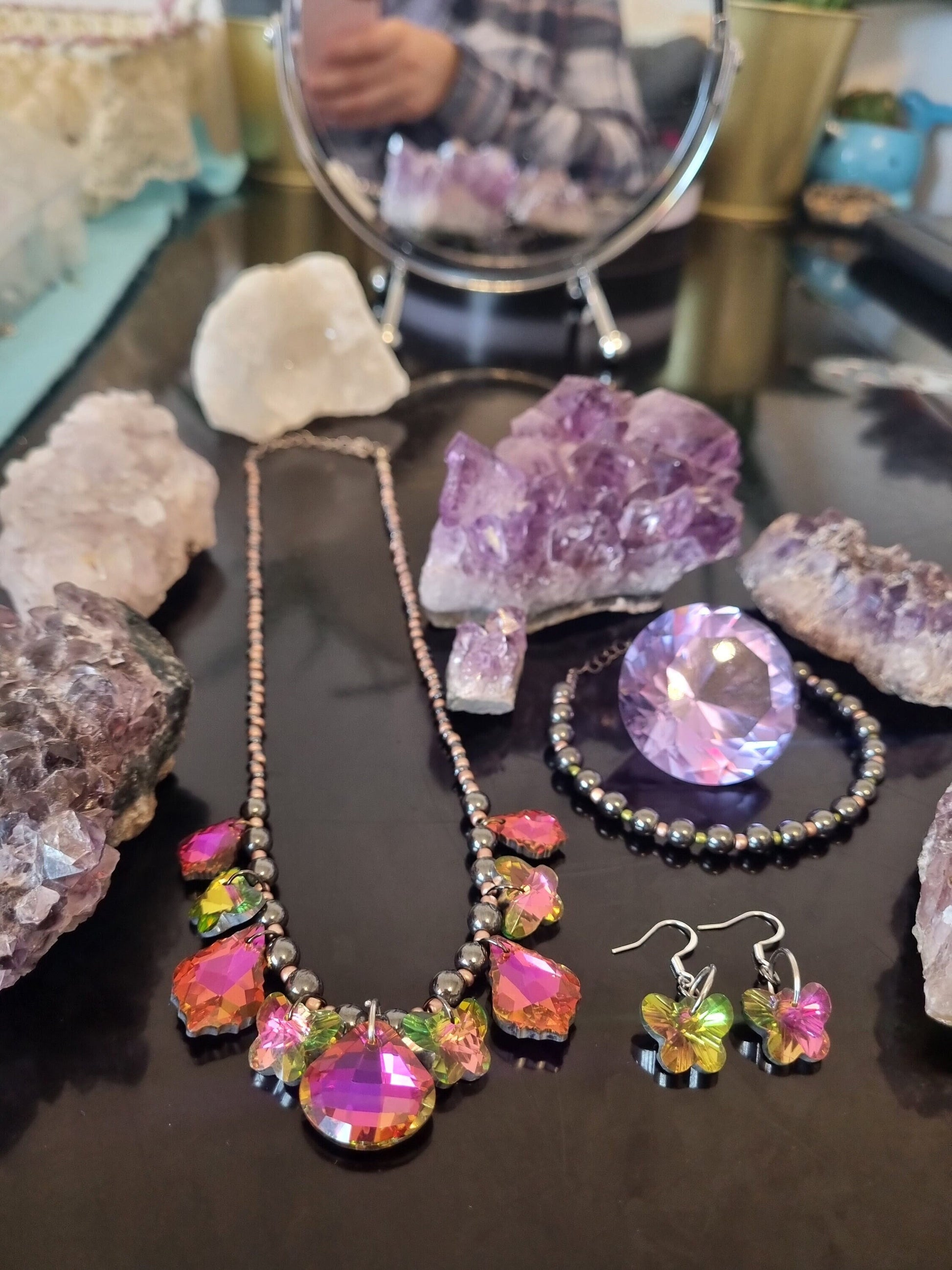 Fantasy Composition Set: Pink - Green Handmade Necklace with 9 Pink Glass Pendants, Glass Pink Butterfly Earrings, Hematite Styled Bracelet