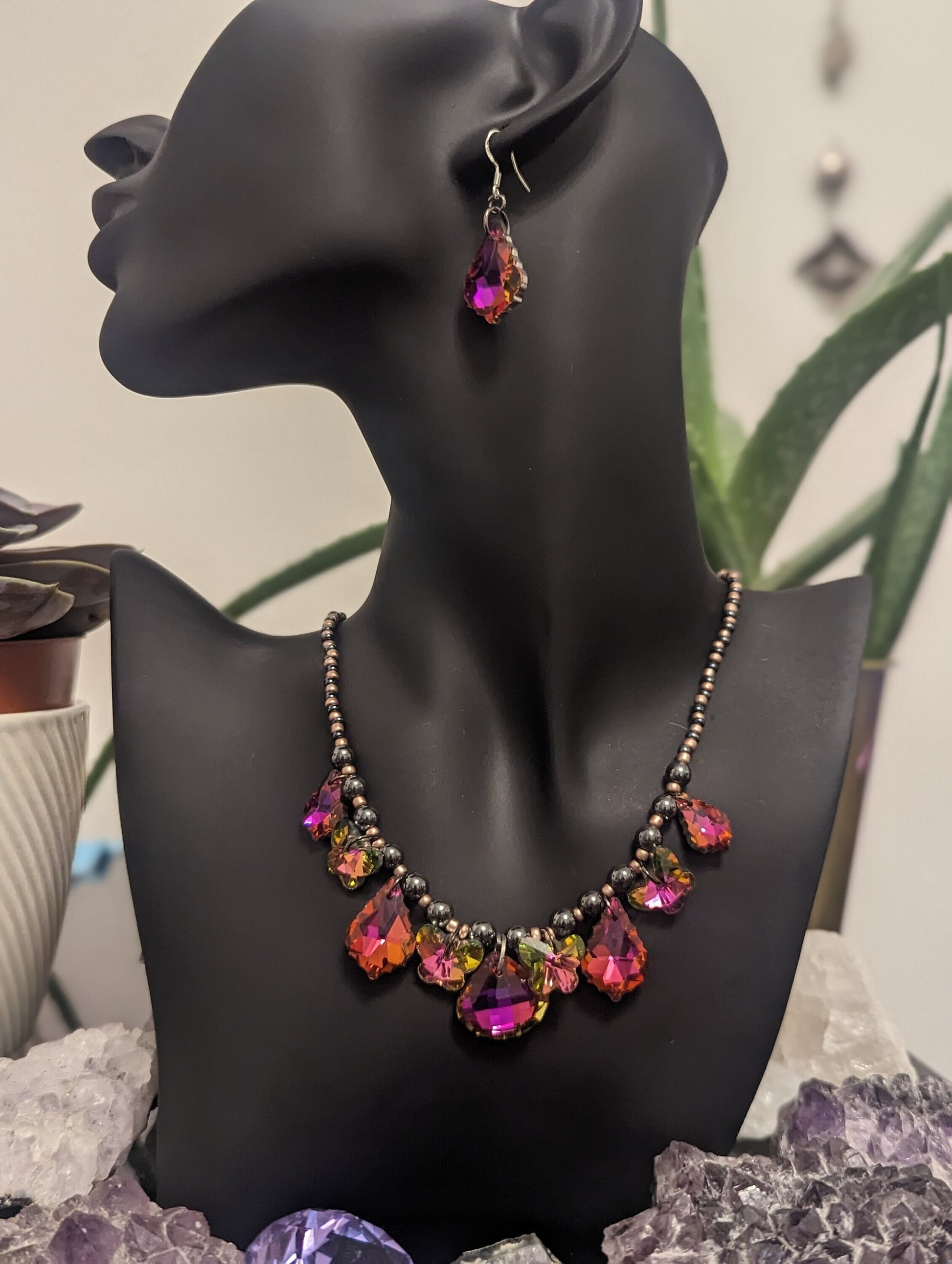 Fantasy Composition Set: Pink - Green Handmade Necklace with 9 Pink Glass Pendants, Glass Pink Butterfly Earrings, Hematite Styled Bracelet