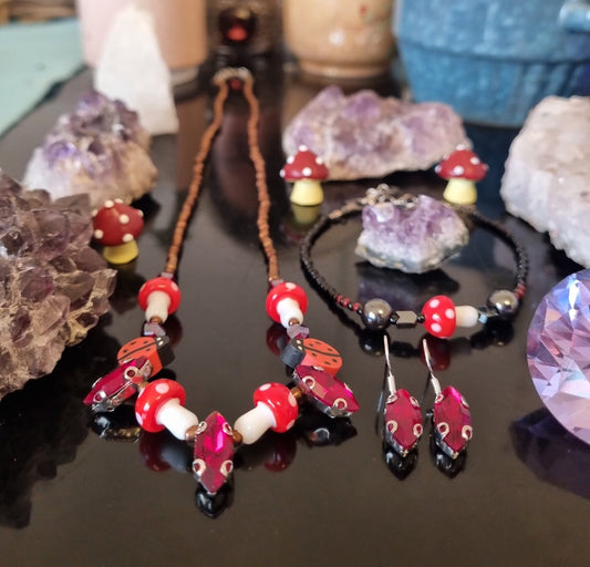 Set: 5 Red Oval and 5 Red - White Mushroom Pendants, Handmade Necklace Earrings and Bracelet, Black, Red, Brown Glass Jewellery Beaded Set