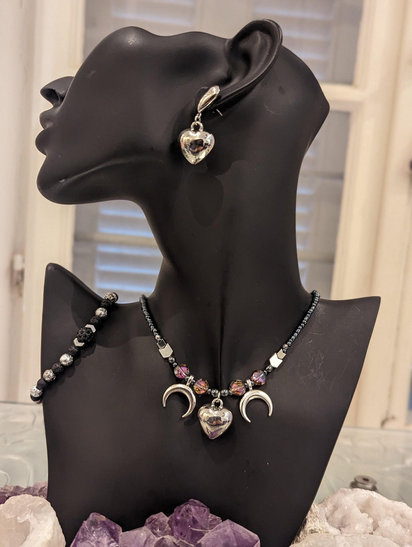 Silver Heart and Moons Beaded Set with Purple Glass Beads, Arrow Beads and Beaded Bracelet with Shimmering Black and Silver Beads