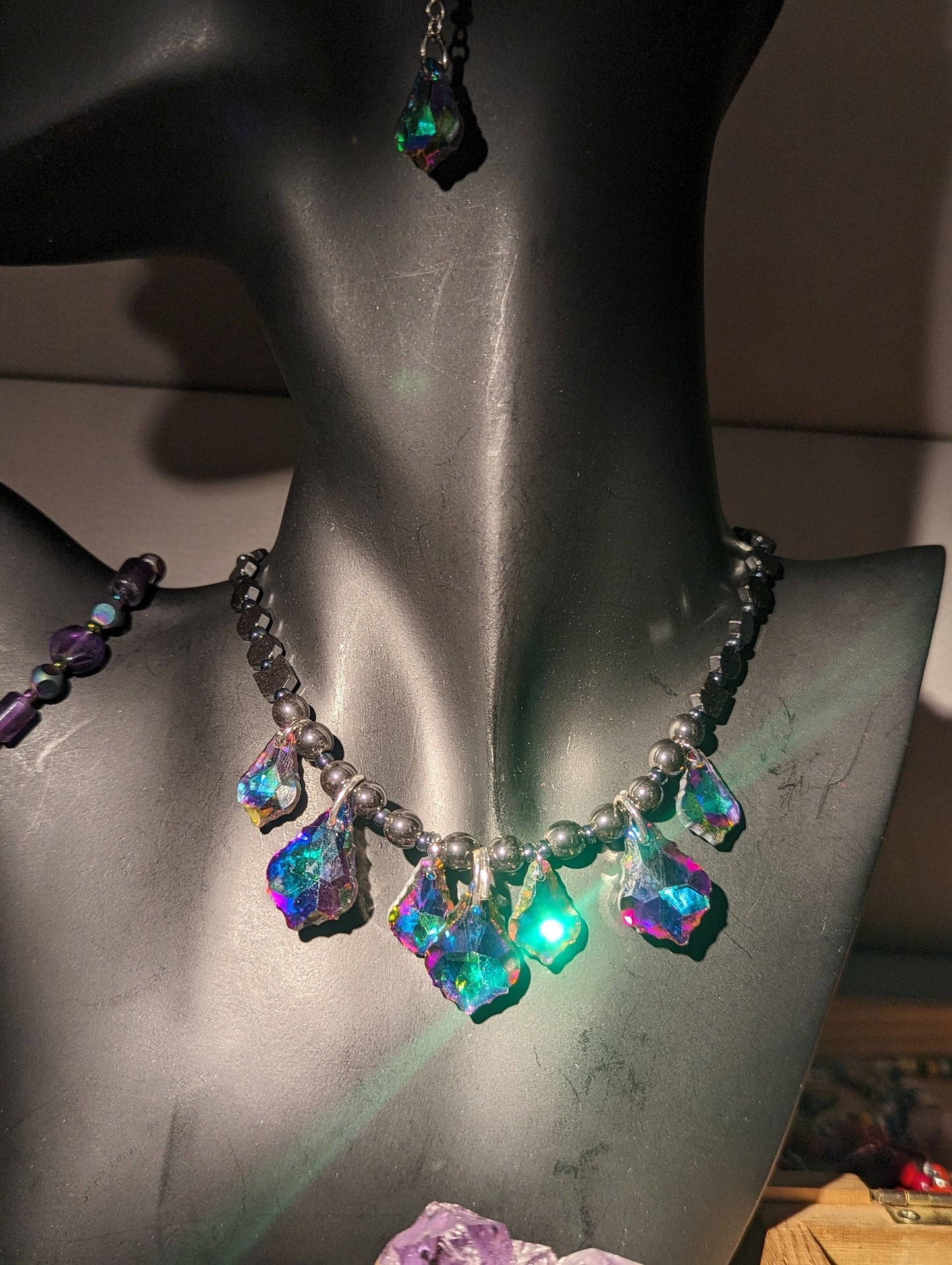 Purple Green Baroque Pendants and Hematite styled Beaded Necklace and fitting Earrings with Amethyst Tube Beaded Bracelet