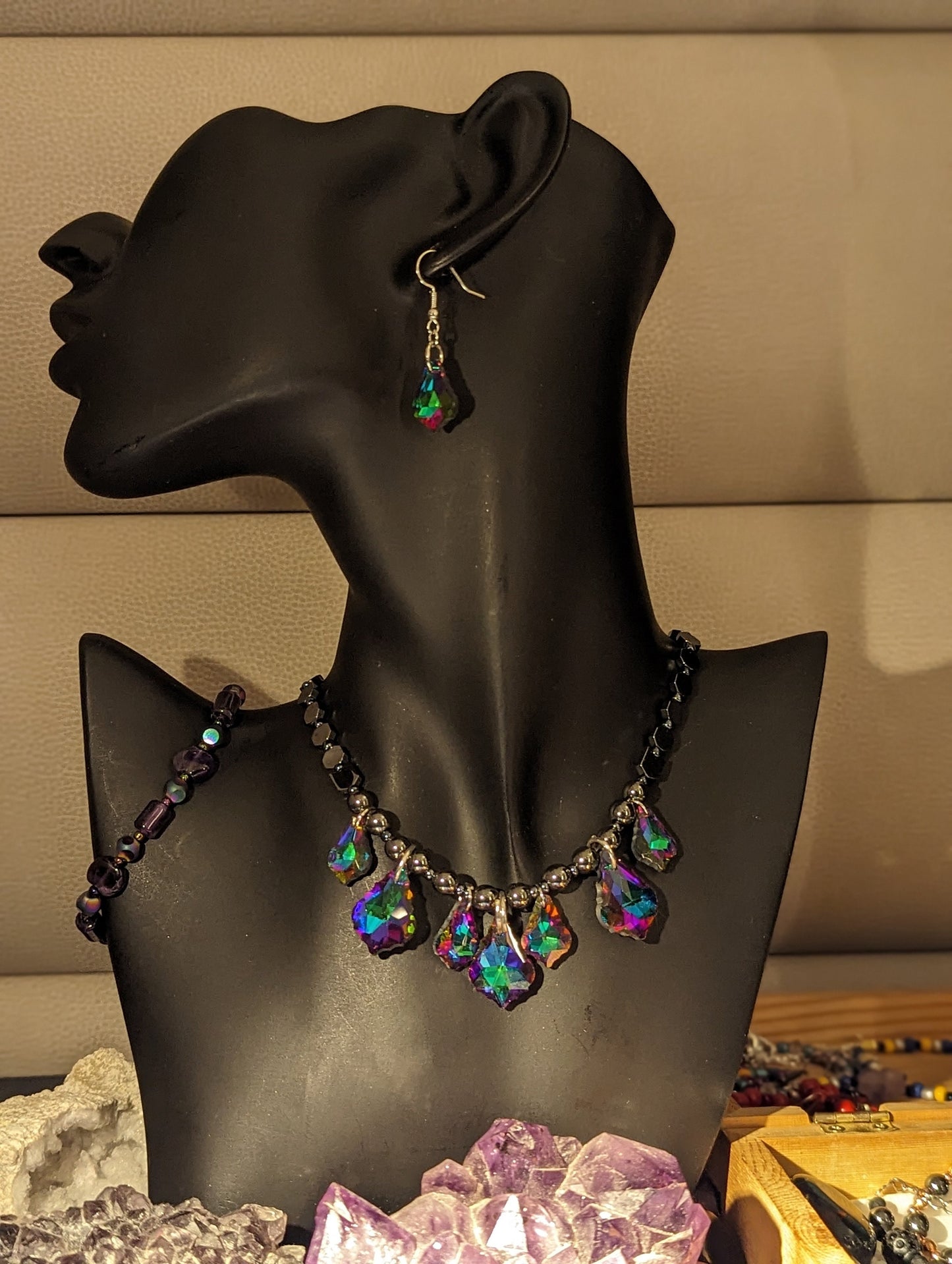 Purple Green Baroque Pendants and Hematite styled Beaded Necklace and fitting Earrings with Amethyst Tube Beaded Bracelet