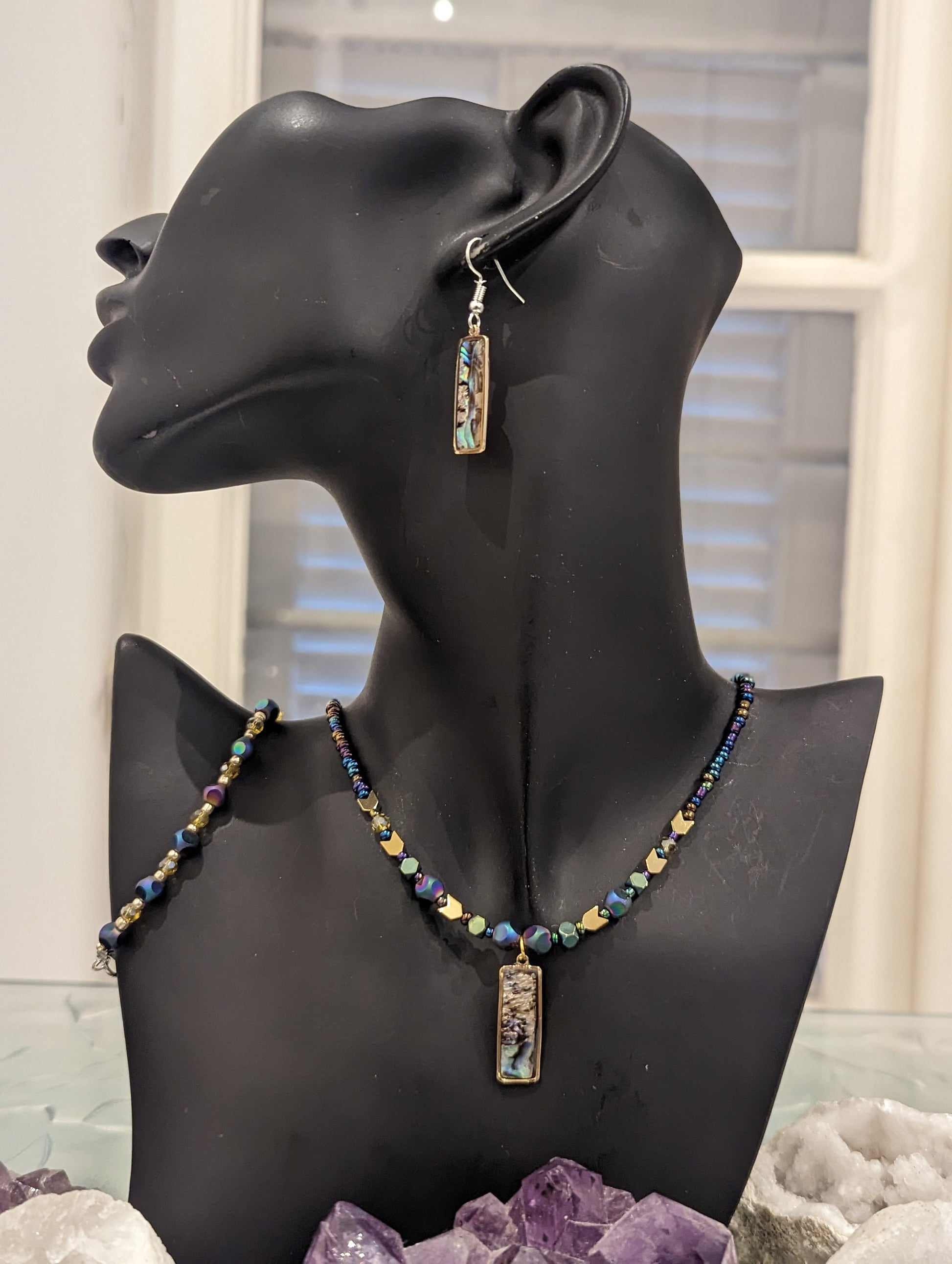 Golden Framed Abalone Shell Necklace and Earrings with Fitting Bracelet with Golden Arrow, Blue and Green Beads