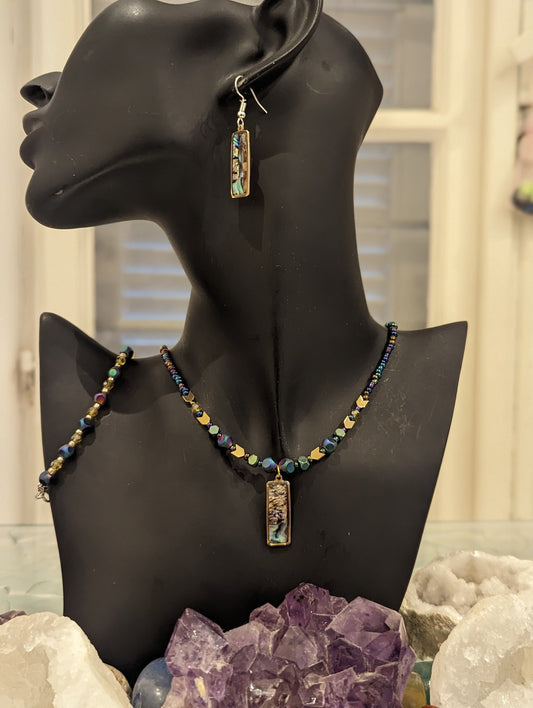 Golden Framed Abalone Shell Necklace and Earrings with Fitting Bracelet with Golden Arrow, Blue and Green Beads