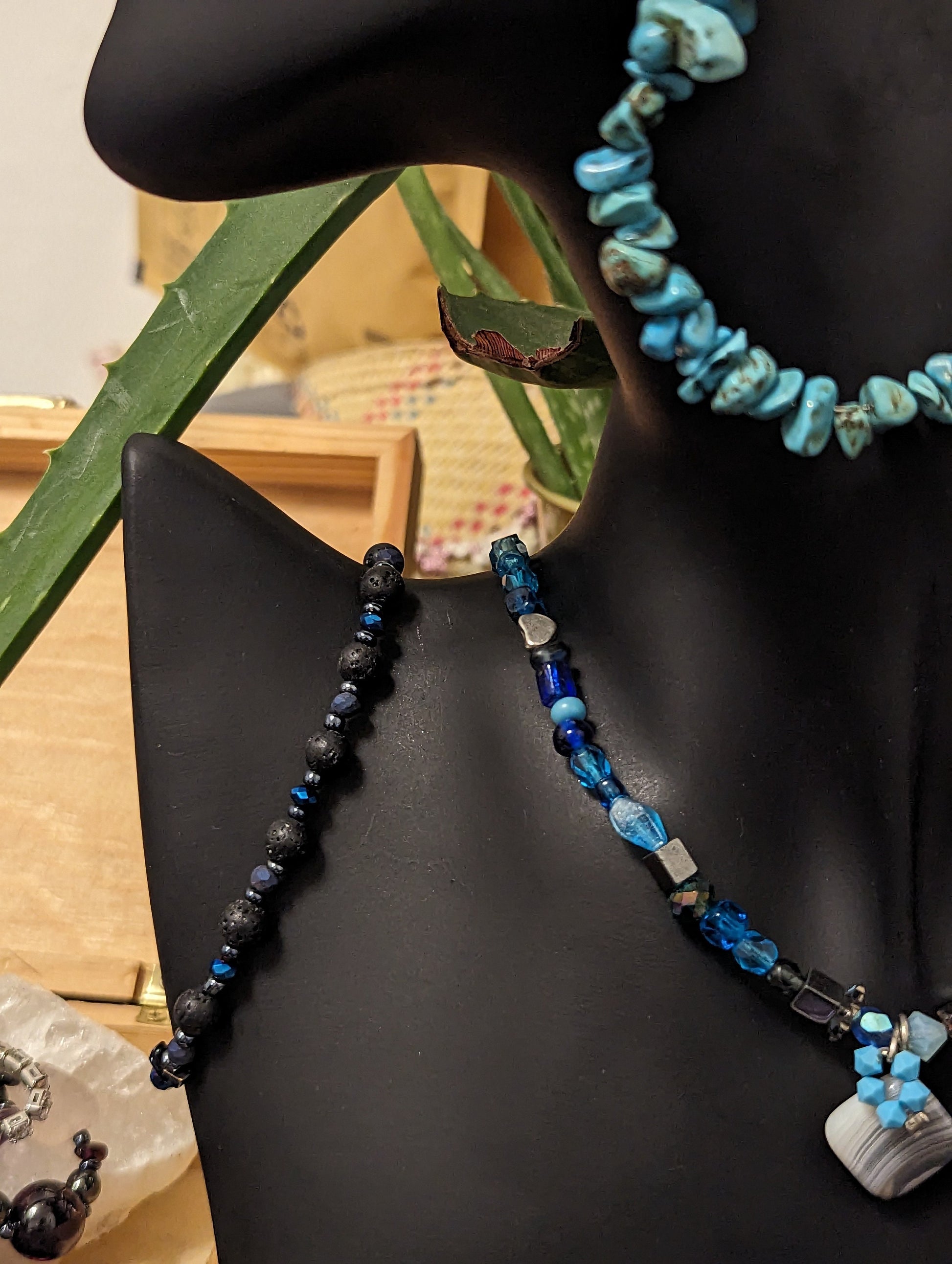 Light Blue Necklace with Agate Grey Gemstone Pendant and Turquoise Loop Earrings with Black Blue Beaded Bracelet