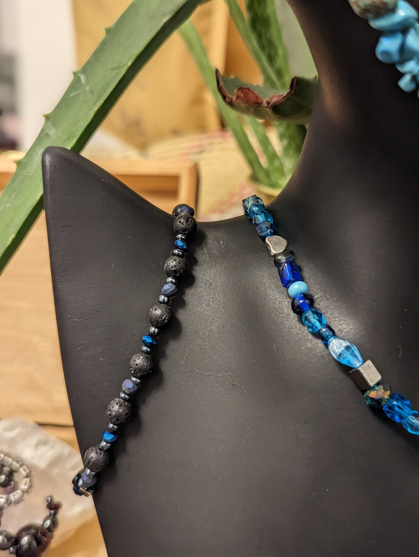 Light Blue Necklace with Agate Grey Gemstone Pendant and Turquoise Loop Earrings with Black Blue Beaded Bracelet