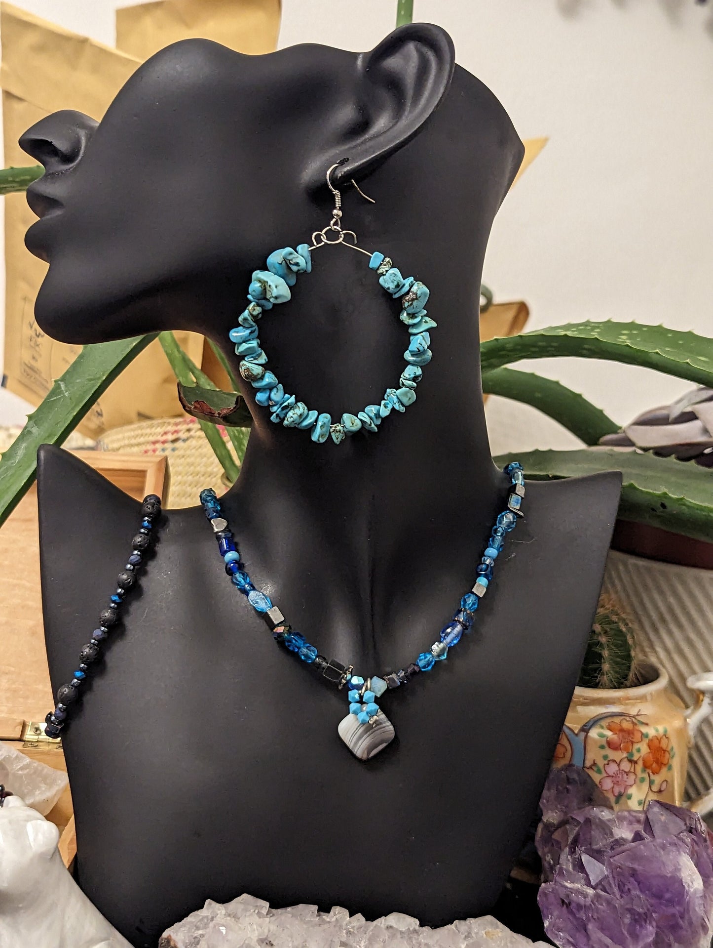 Light Blue Necklace with Agate Grey Gemstone Pendant and Turquoise Loop Earrings with Black Blue Beaded Bracelet