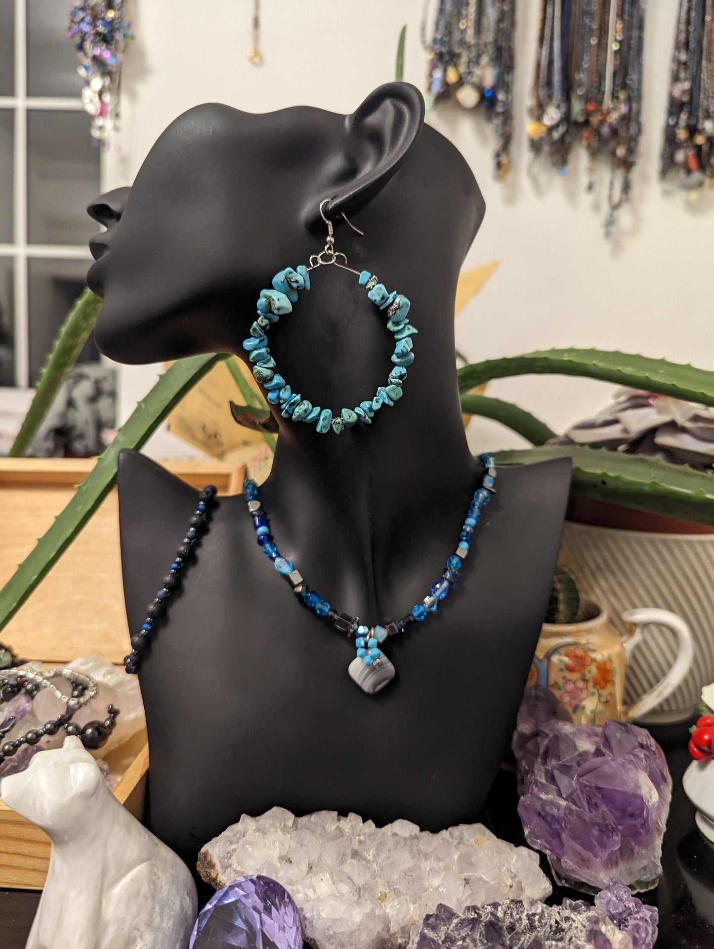 Light Blue Necklace with Agate Grey Gemstone Pendant and Turquoise Loop Earrings with Black Blue Beaded Bracelet