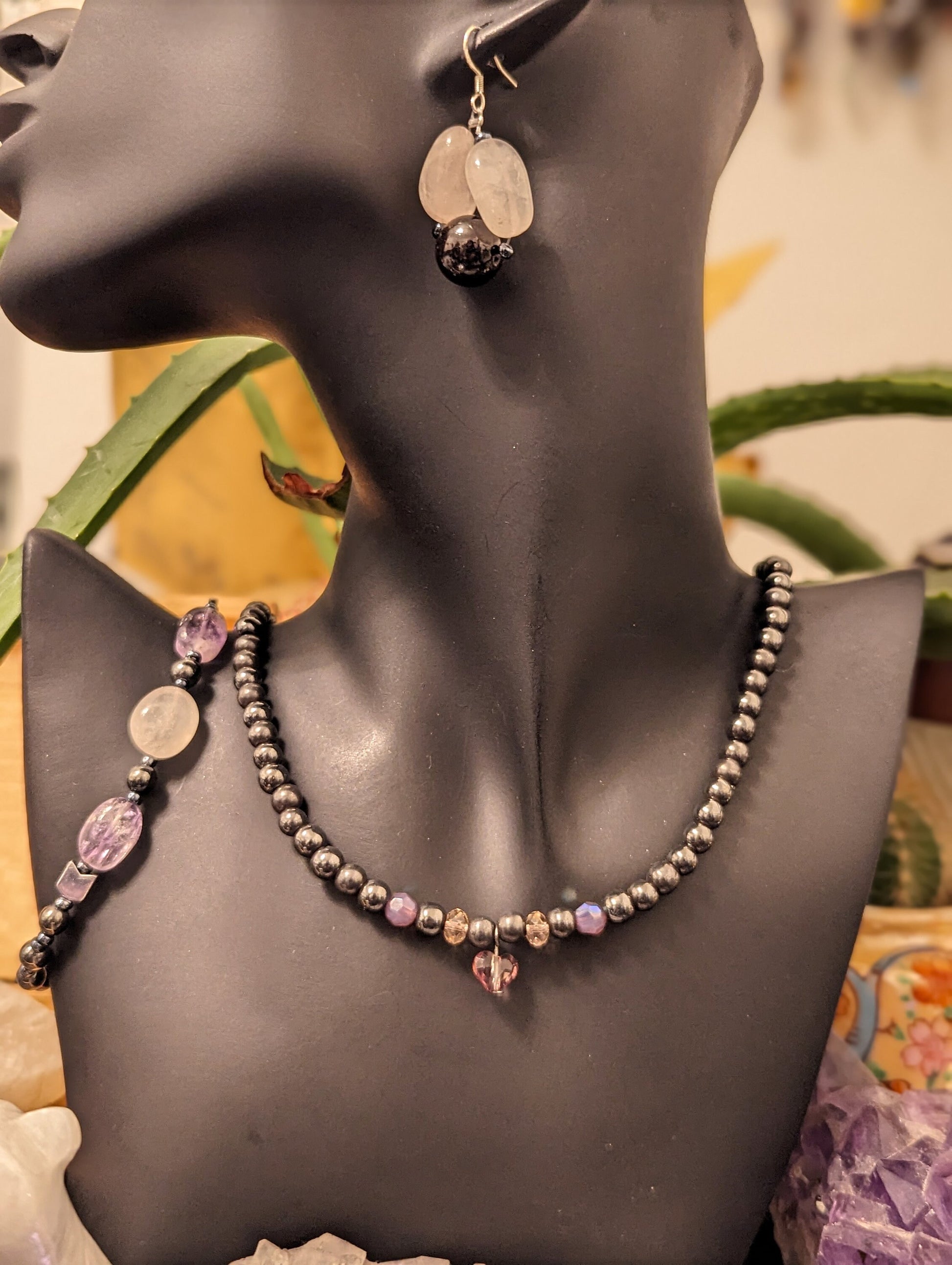 Hematite Styled Beaded Necklace with Delicate Purple Heart Pendant and Purple Beads, Rose Quartz, Amethyst and garnet Bracelet and Earrings