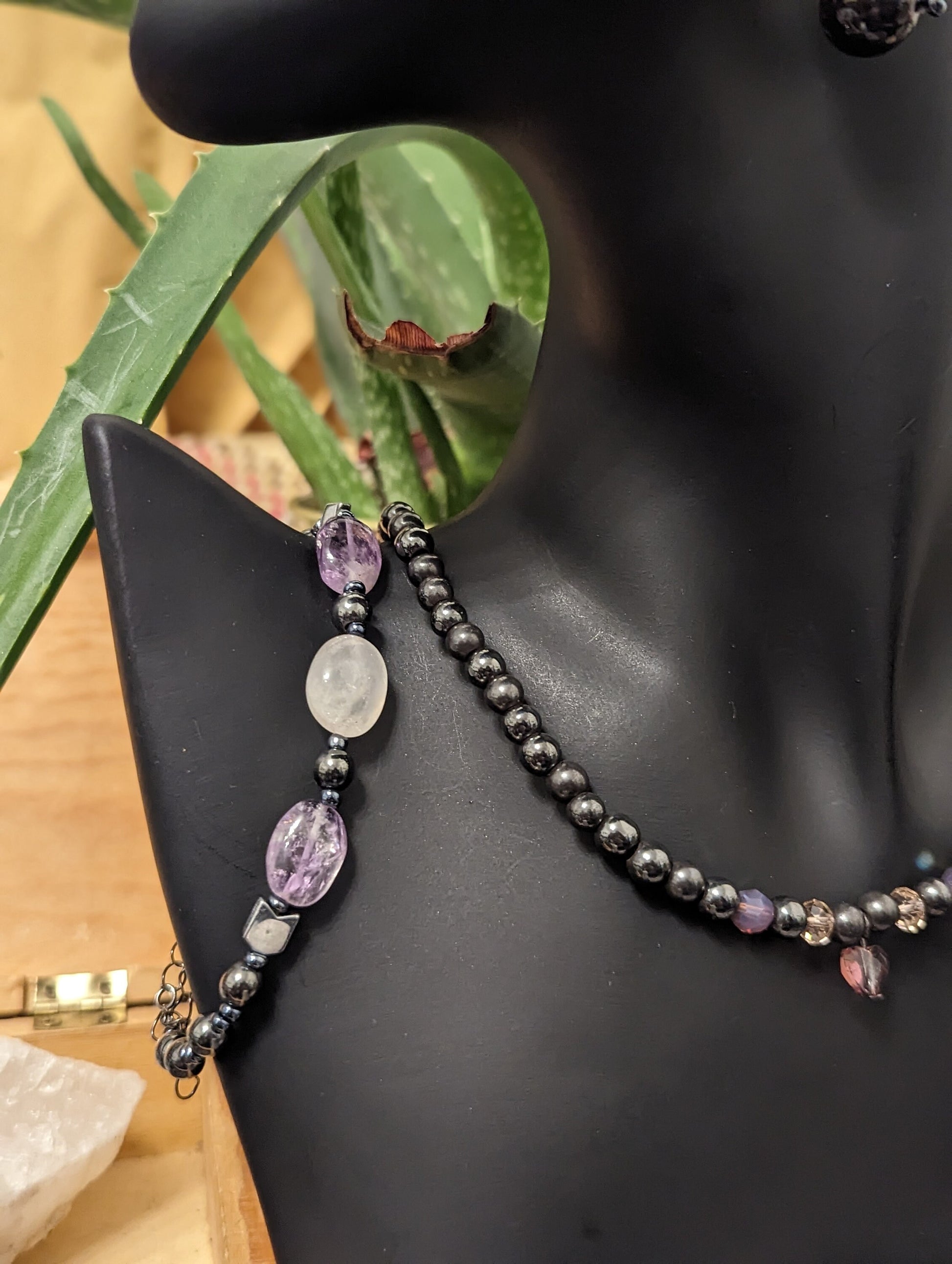 Hematite Styled Beaded Necklace with Delicate Purple Heart Pendant and Purple Beads, Rose Quartz, Amethyst and garnet Bracelet and Earrings