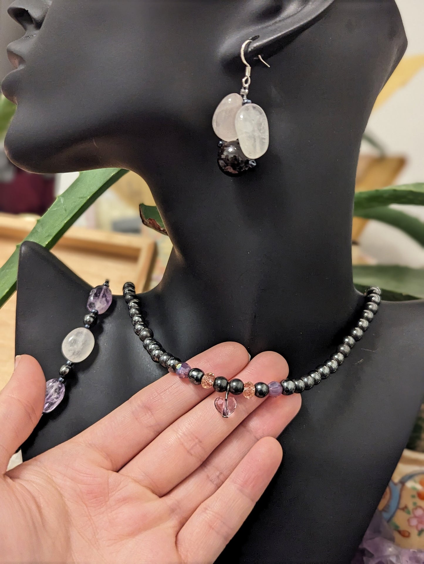 Hematite Styled Beaded Necklace with Delicate Purple Heart Pendant and Purple Beads, Rose Quartz, Amethyst and garnet Bracelet and Earrings