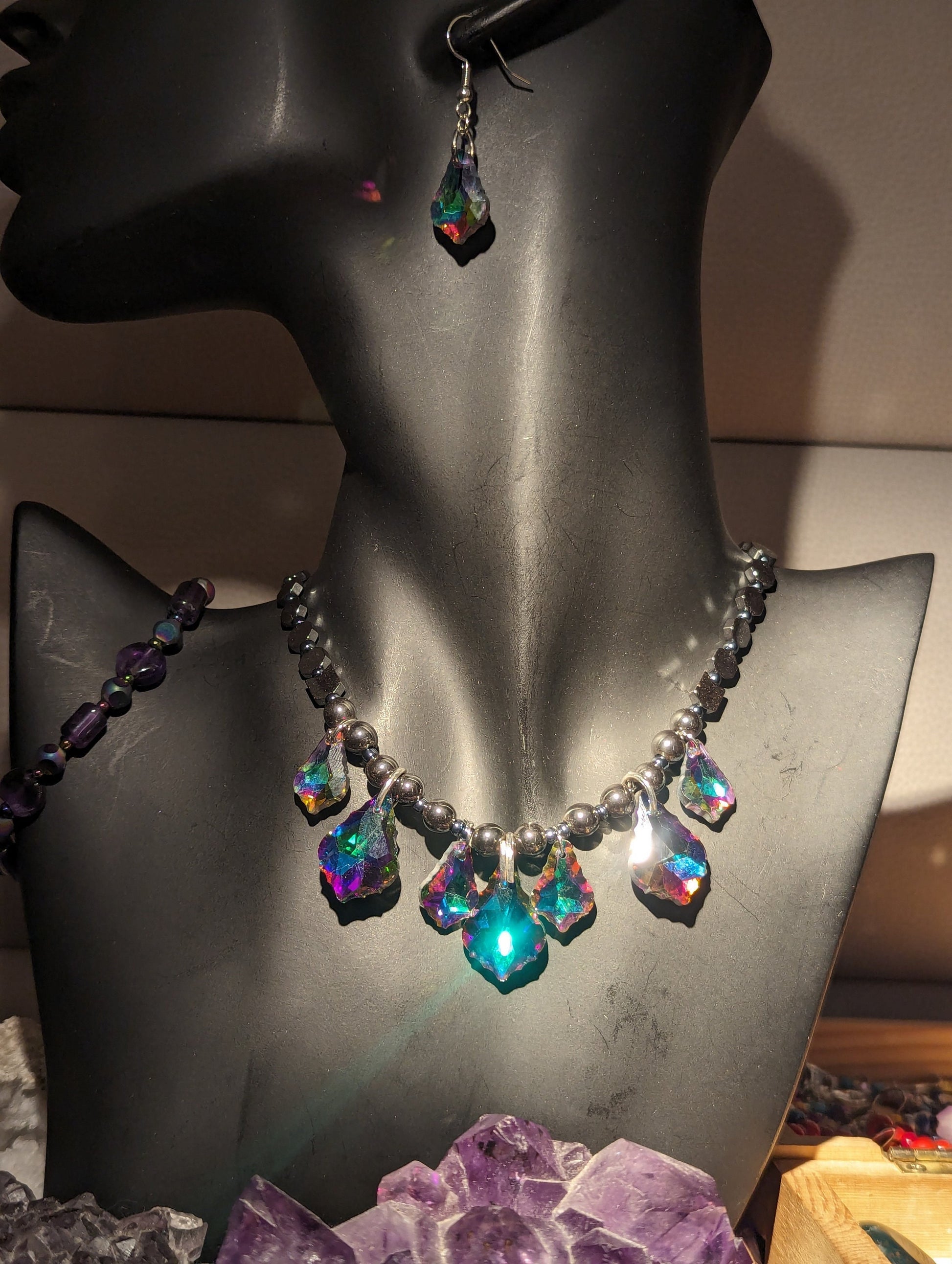 Purple Green Baroque Pendants and Hematite styled Beaded Necklace and fitting Earrings with Amethyst Tube Beaded Bracelet