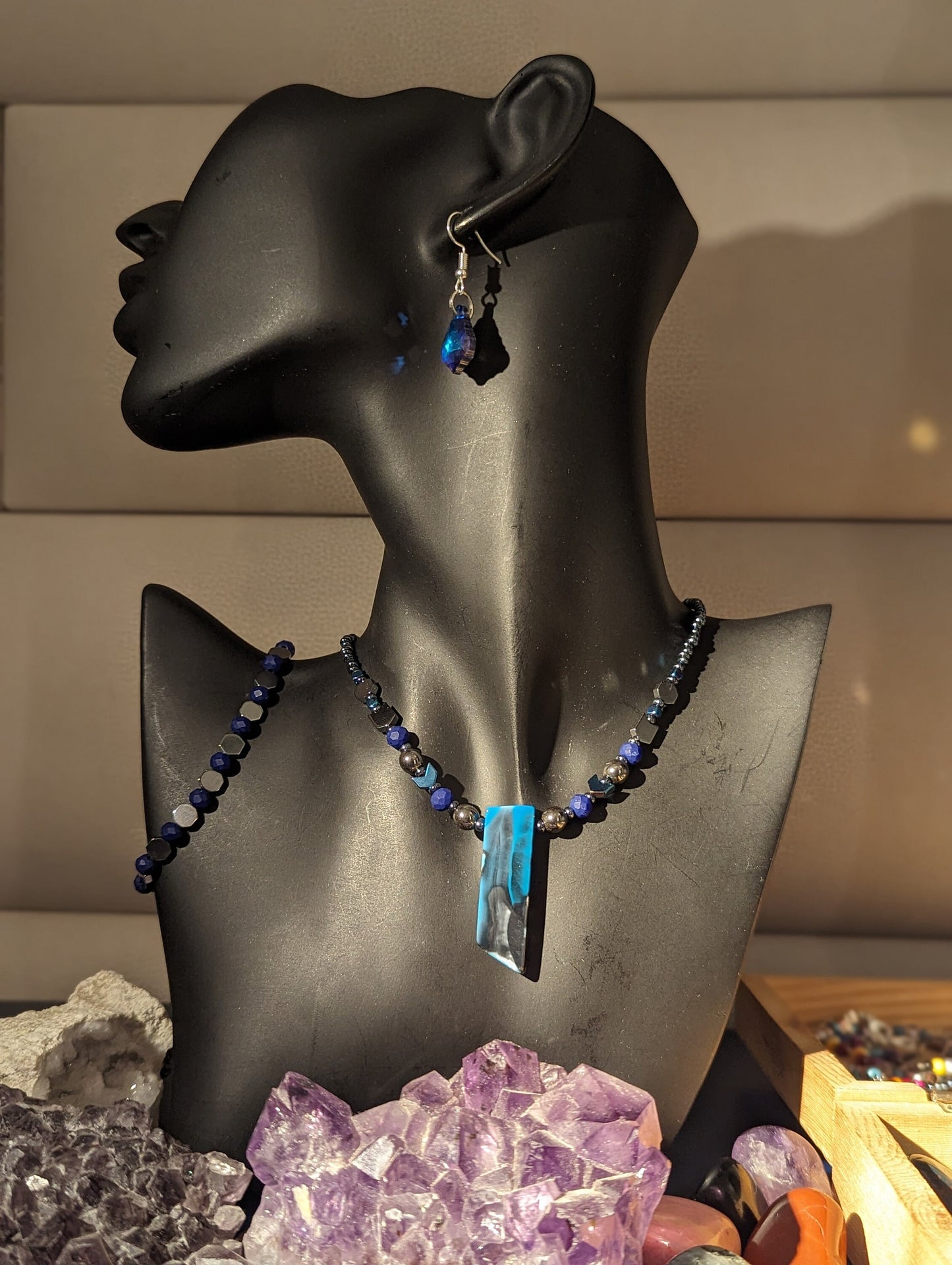 Colourful Black and Blue Agate Set with fitting Baroque Earrings