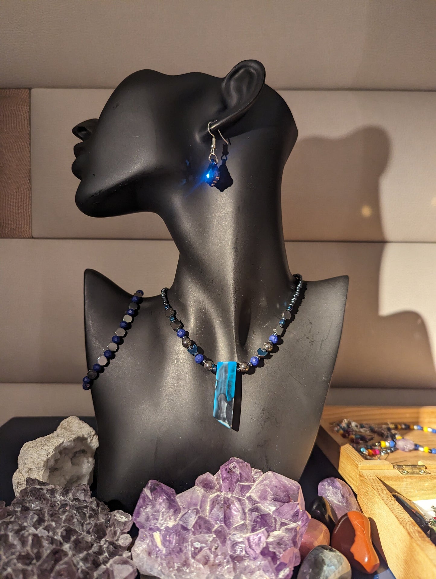 Colourful Black and Blue Agate Set with fitting Baroque Earrings