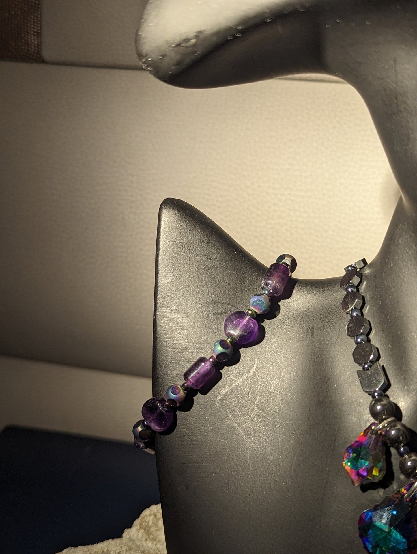 Purple Green Baroque Pendants and Hematite styled Beaded Necklace and fitting Earrings with Amethyst Tube Beaded Bracelet