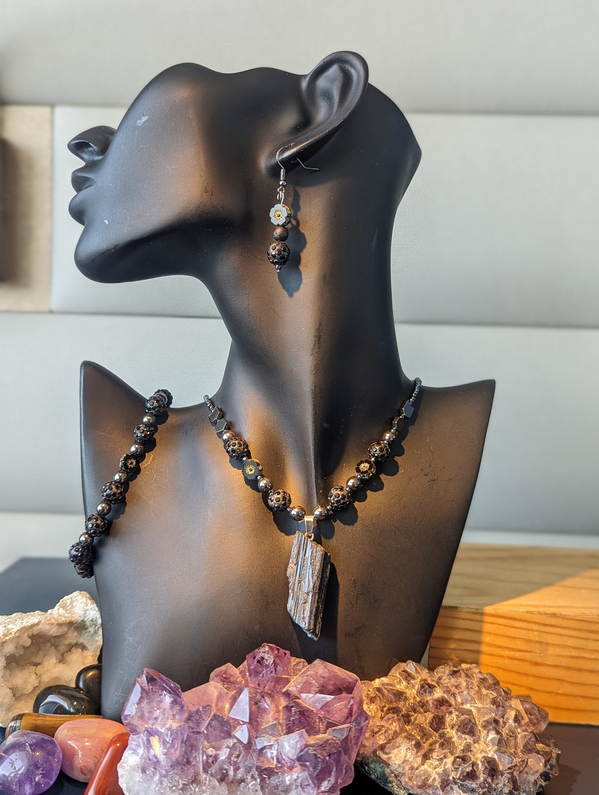 Tourmaline Set: Black Gemstone Necklace with Czech Crystal Flowers Earrings and Bracelet