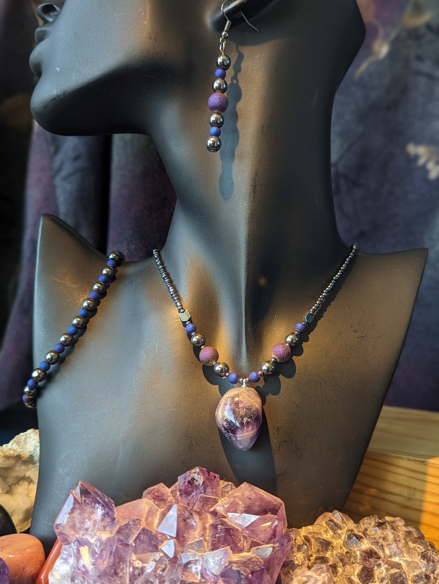 Amethyst Purple White Gemstone Set: with Matte Purple Round Beads and Hematite Styled Beads