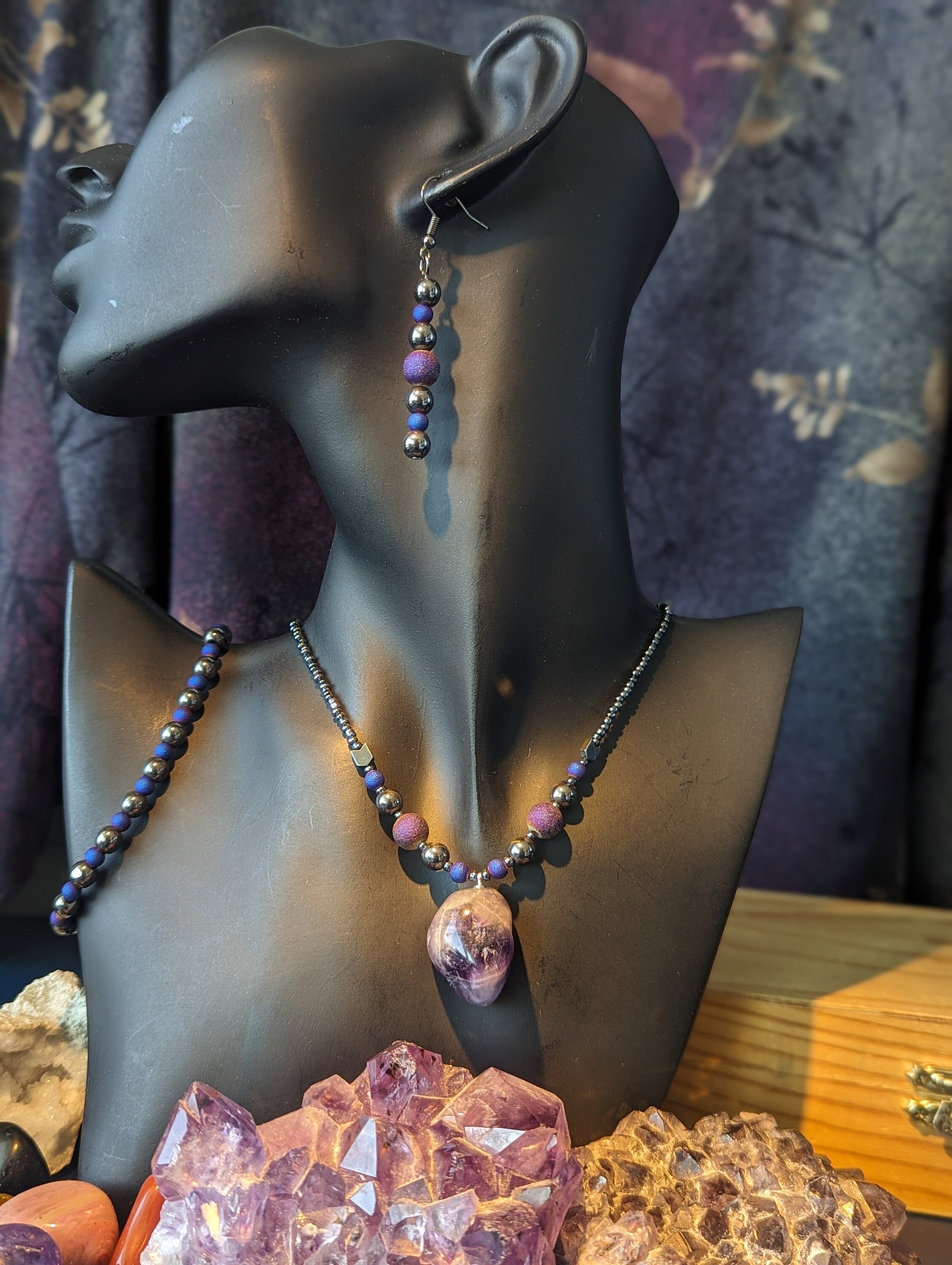 Amethyst Purple White Gemstone Set: with Matte Purple Round Beads and Hematite Styled Beads