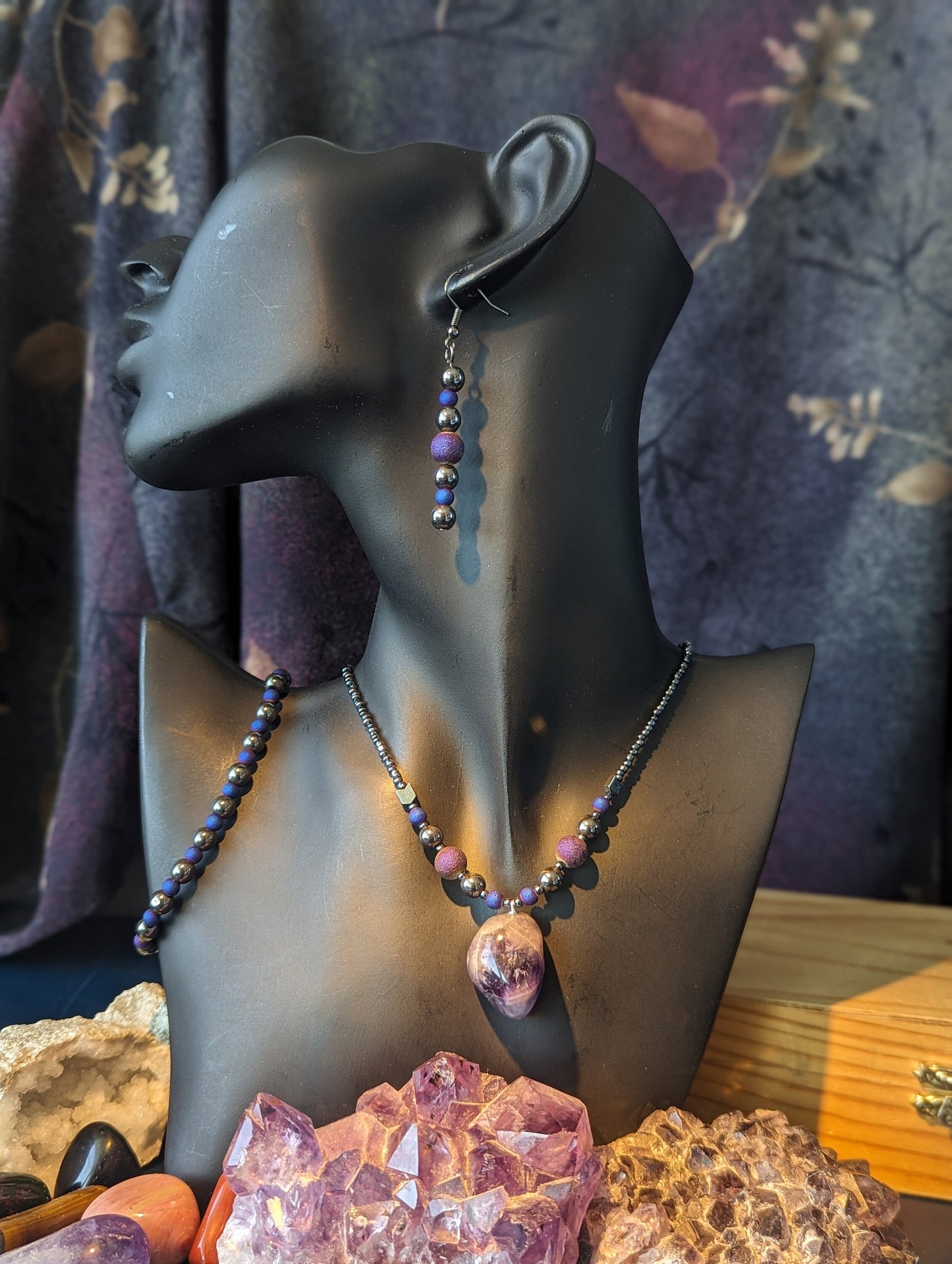 Amethyst Purple White Gemstone Set: with Matte Purple Round Beads and Hematite Styled Beads