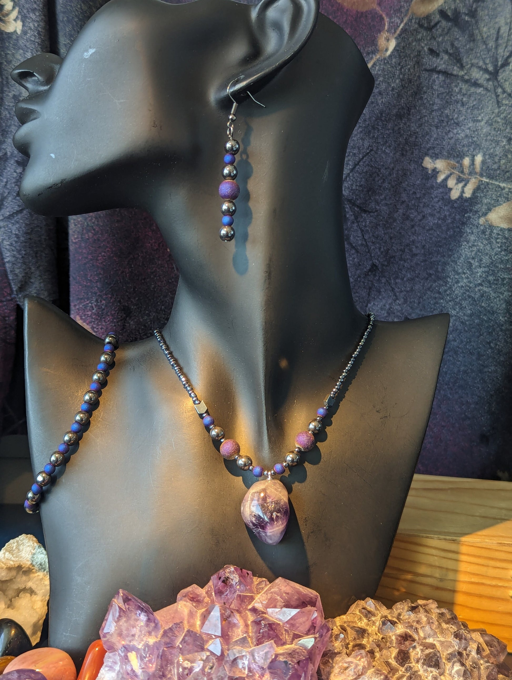 Amethyst Purple White Gemstone Set: with Matte Purple Round Beads and Hematite Styled Beads