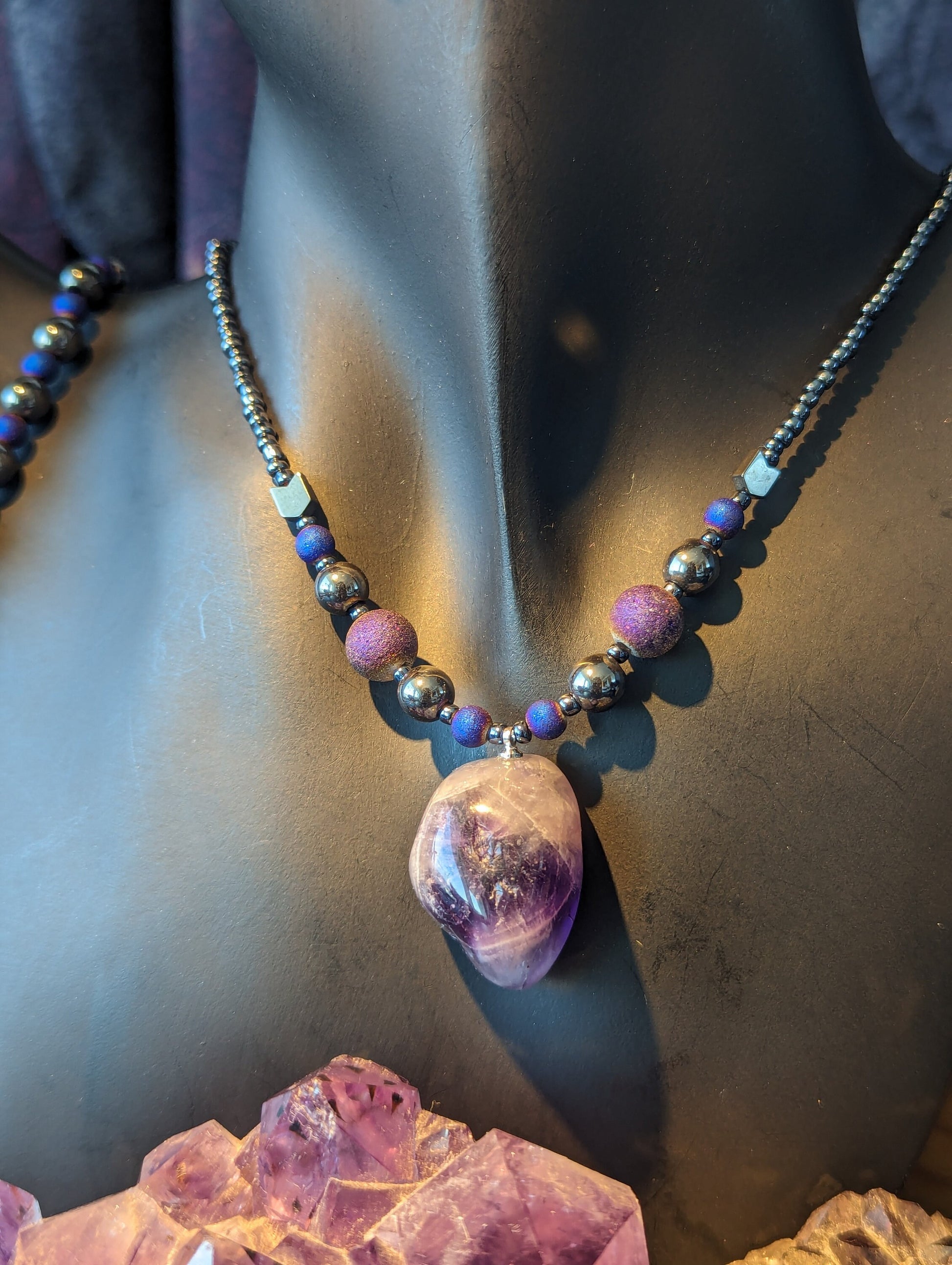 Amethyst Purple White Gemstone Set: with Matte Purple Round Beads and Hematite Styled Beads