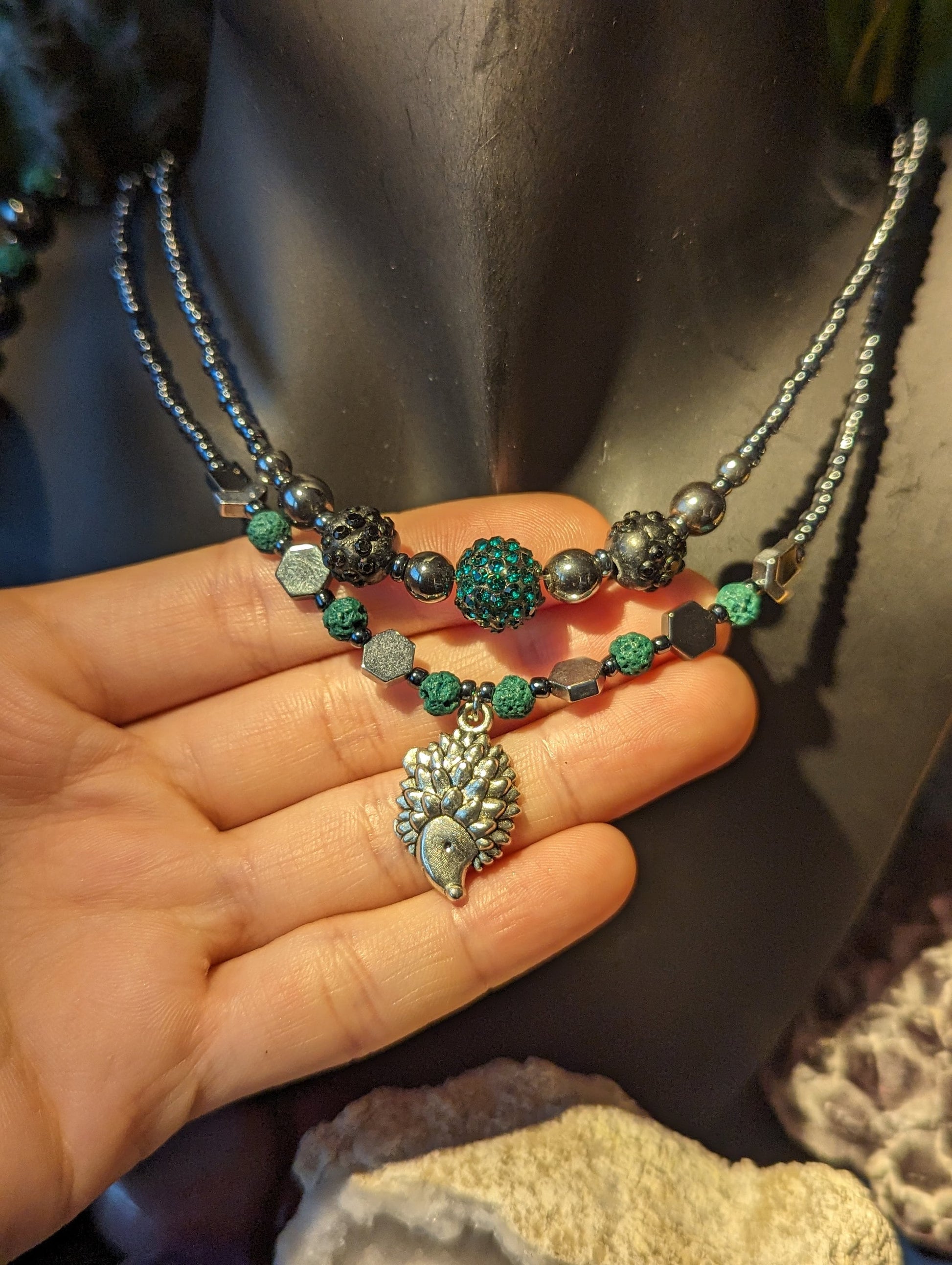 ISRAEL Kotz the Hedgehog Set: with 2 Green Necklaces with Hedgehog Necklace and Earrings, Shimmering Black Green Beads