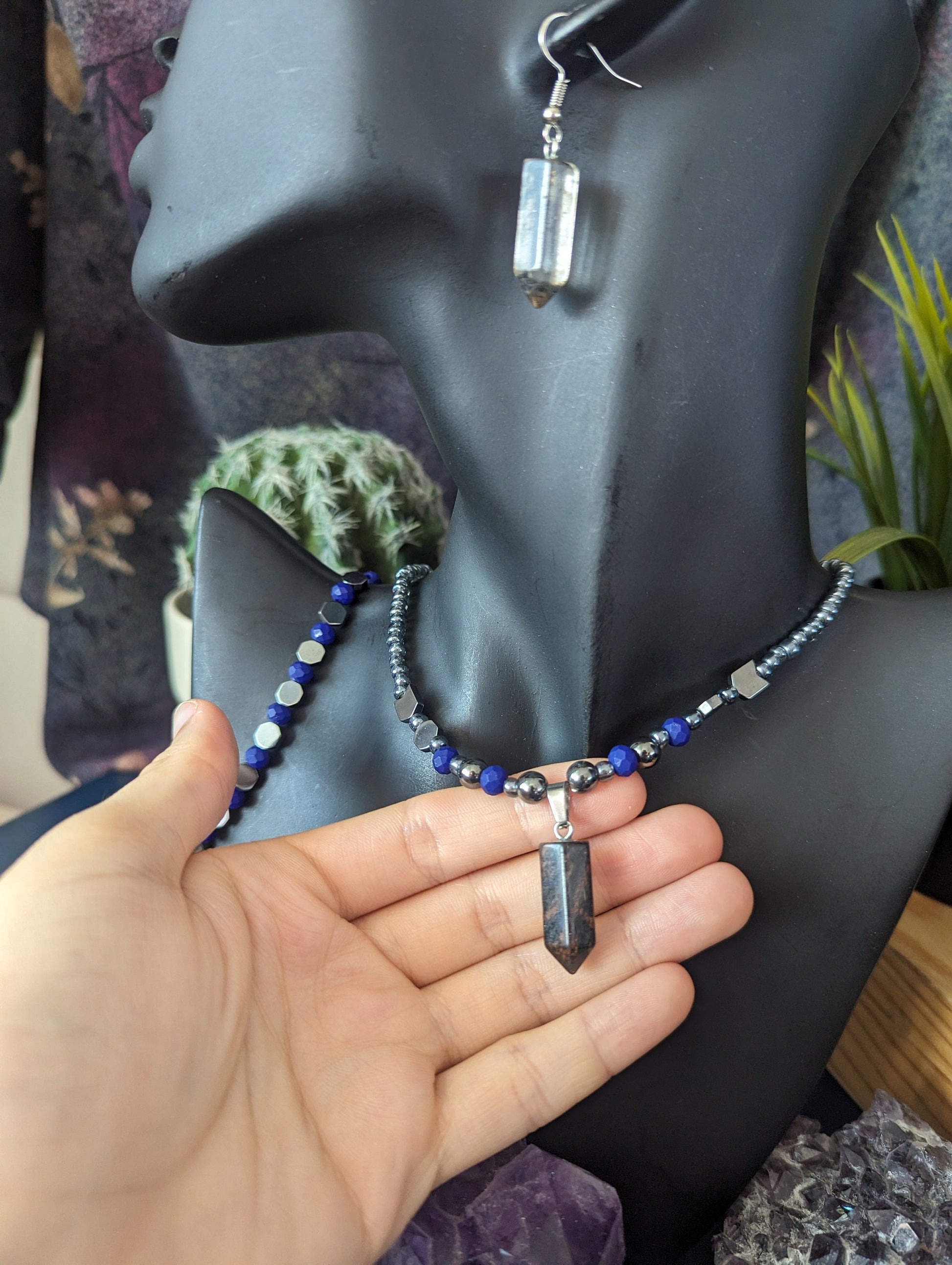 Storm Set: Resin Grey Pillar Pendant, Blue Purple Geometric Beads and Grey Glass Beaded Necklace with Fitting Bracelet and Resin Earrings