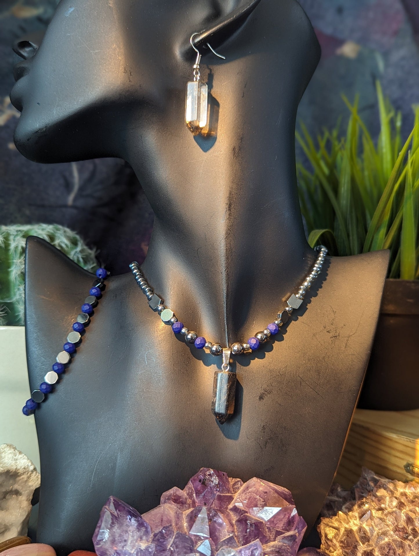 Storm Set: Resin Grey Pillar Pendant, Blue Purple Geometric Beads and Grey Glass Beaded Necklace with Fitting Bracelet and Resin Earrings