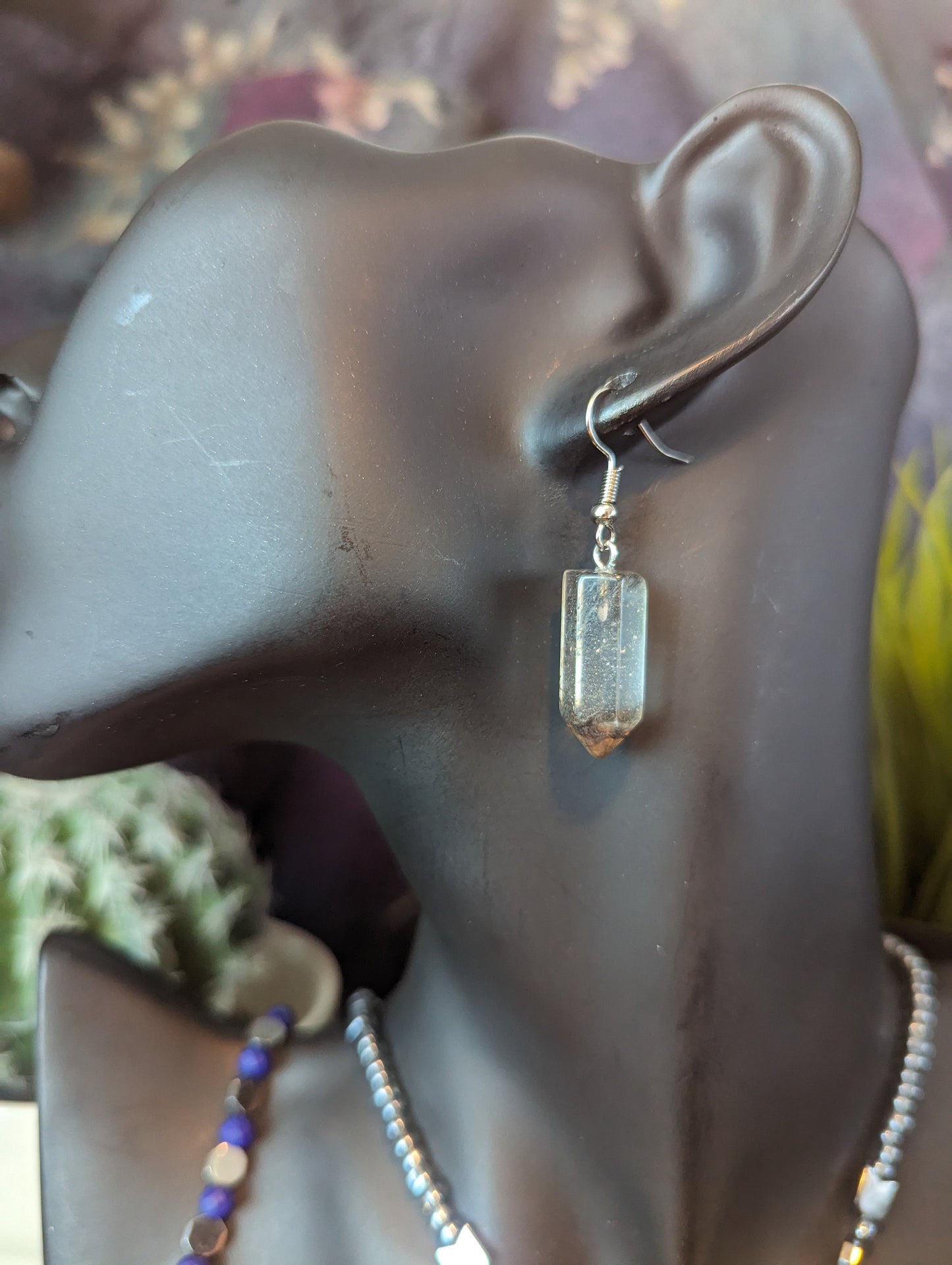 Storm Set: Resin Grey Pillar Pendant, Blue Purple Geometric Beads and Grey Glass Beaded Necklace with Fitting Bracelet and Resin Earrings