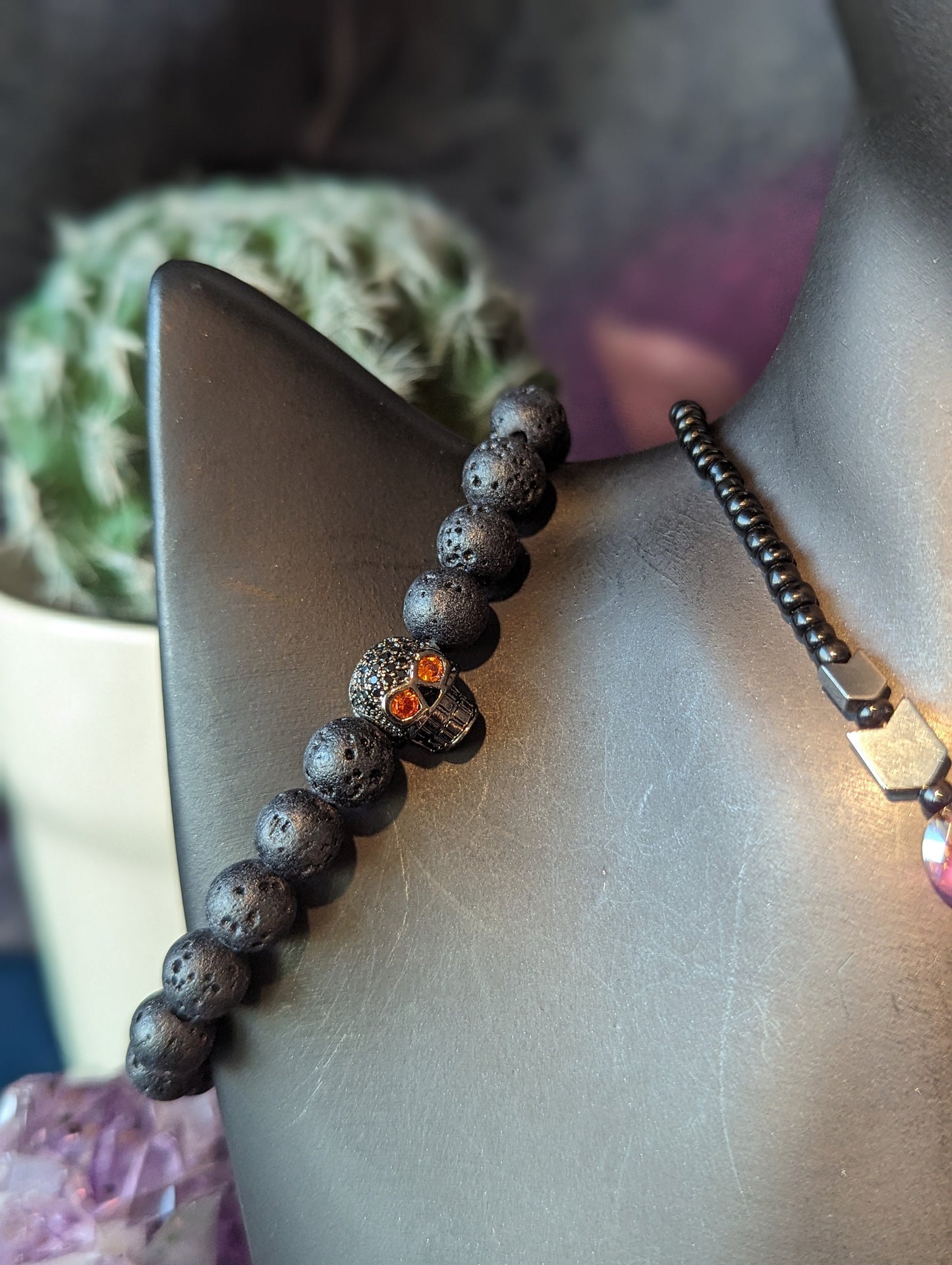 Skulls Set: Shimmering Skull Pendant, Purple Black Glass Beads, Shimmering Black Beads, Silver Skull Earrings and Orange Eyes Skull Bracelet