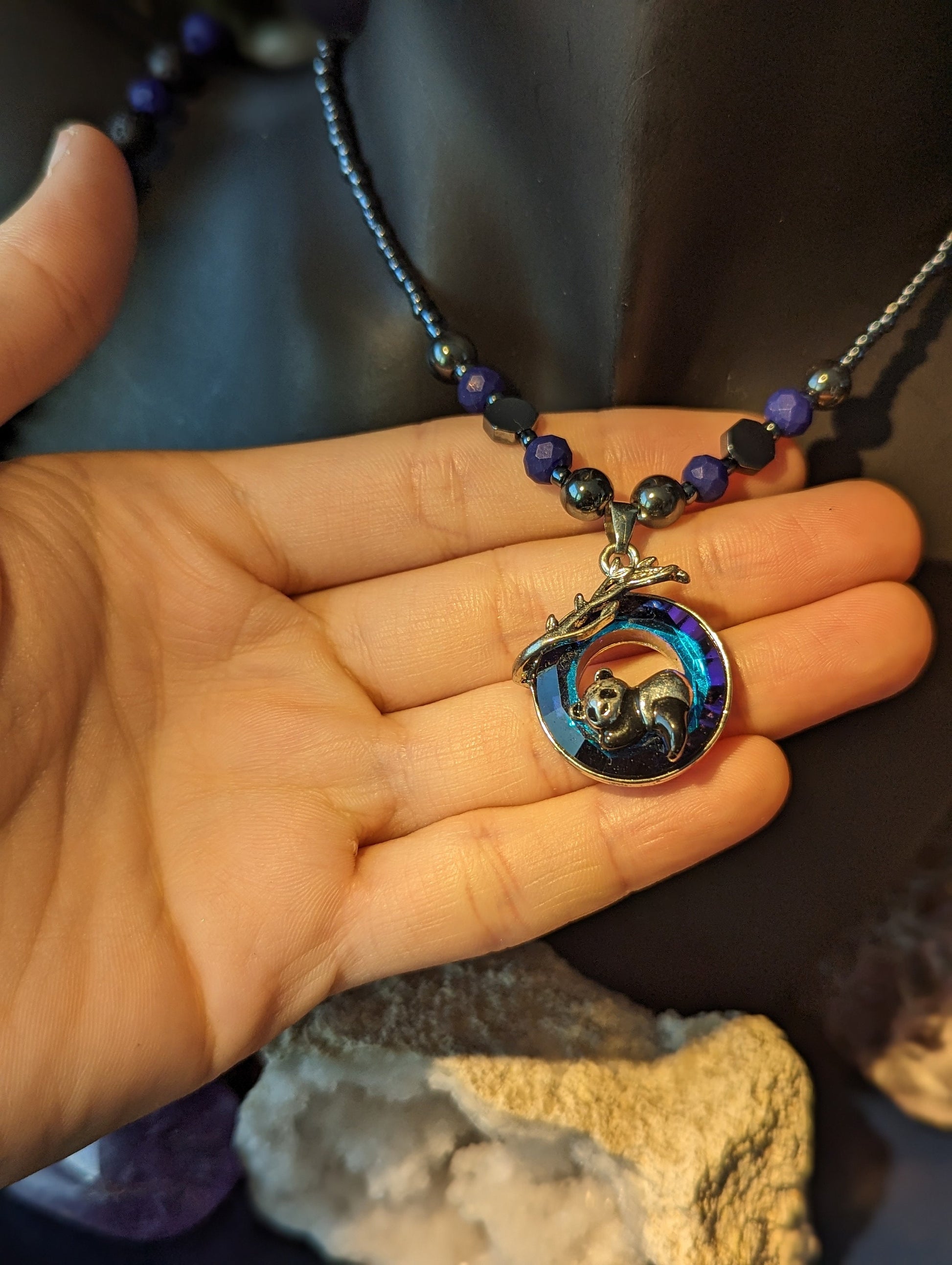 Sleepy Panda Set: Silver Panda Sleeping on a Tree Branch, Metals on a Round Blue Faceted Glass Pendant. Blue Earrings and Beaded Bracelet