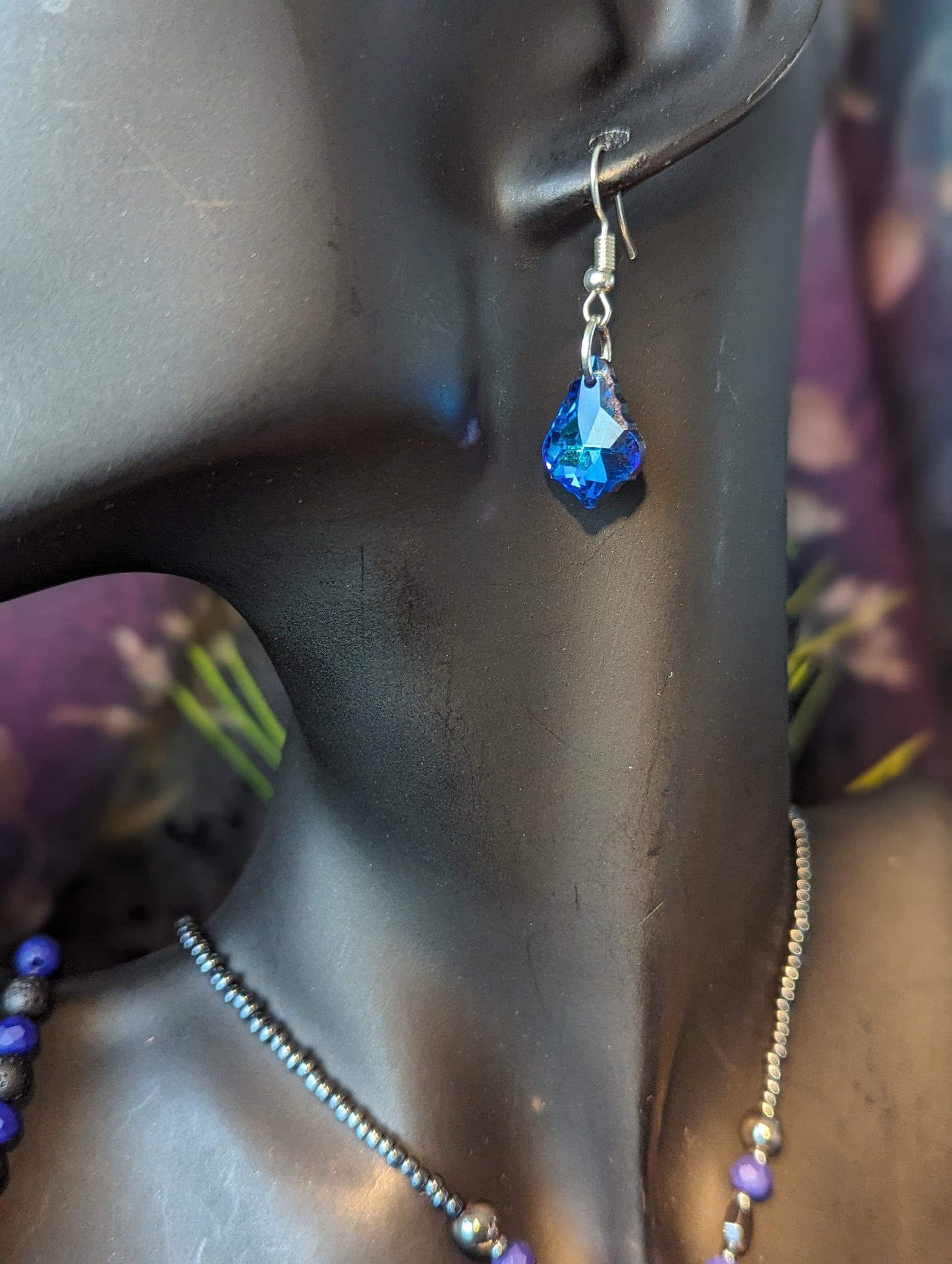 Sleepy Panda Set: Silver Panda Sleeping on a Tree Branch, Metals on a Round Blue Faceted Glass Pendant. Blue Earrings and Beaded Bracelet