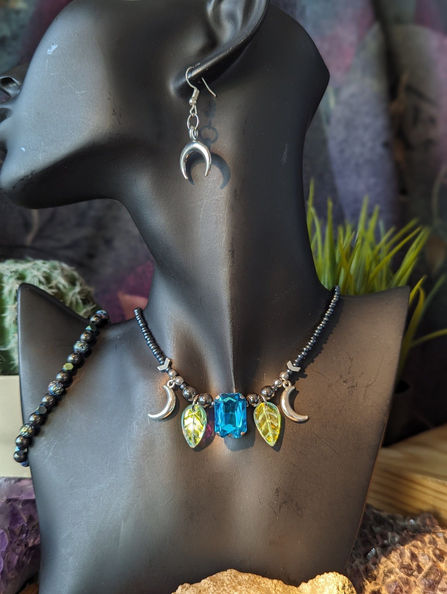 Moonlit Garden Set: Rectangular Light Blue Pendant, Silver Moons, White Yellow Leaf Pendants, Light Blue Golden Beads, Silver Moon Earrings