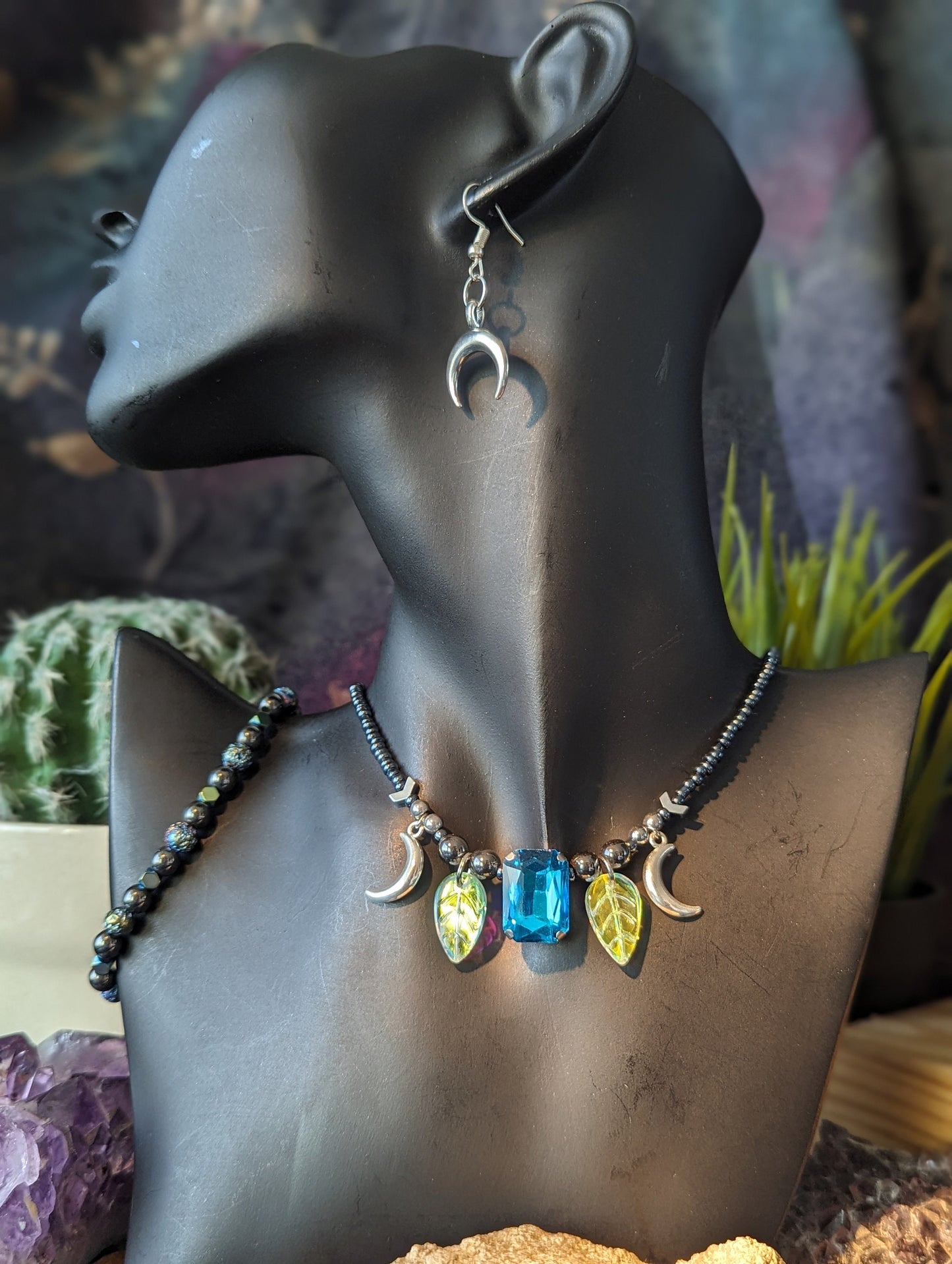 Moonlit Garden Set: Rectangular Light Blue Pendant, Silver Moons, White Yellow Leaf Pendants, Light Blue Golden Beads, Silver Moon Earrings