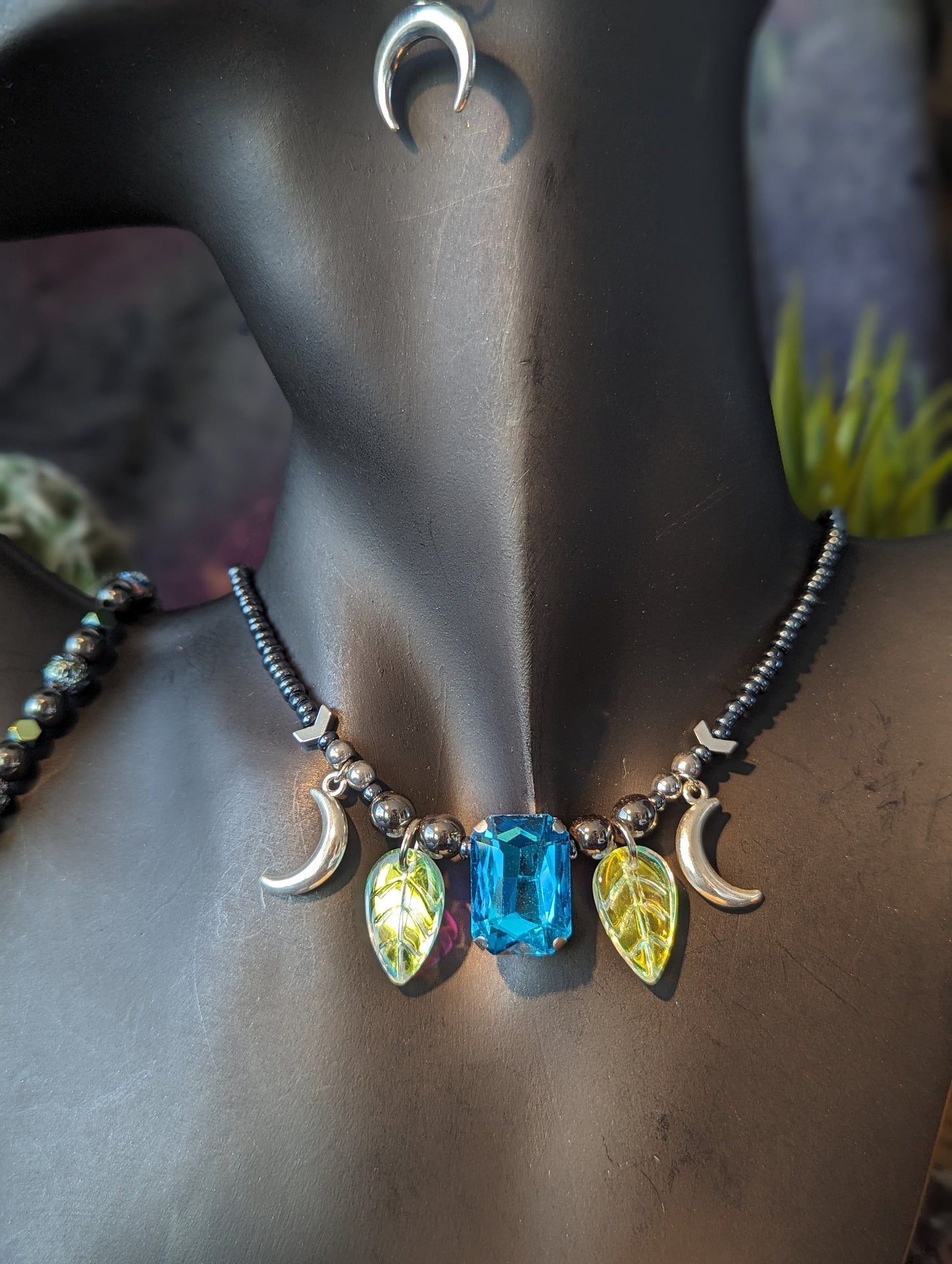 Moonlit Garden Set: Rectangular Light Blue Pendant, Silver Moons, White Yellow Leaf Pendants, Light Blue Golden Beads, Silver Moon Earrings