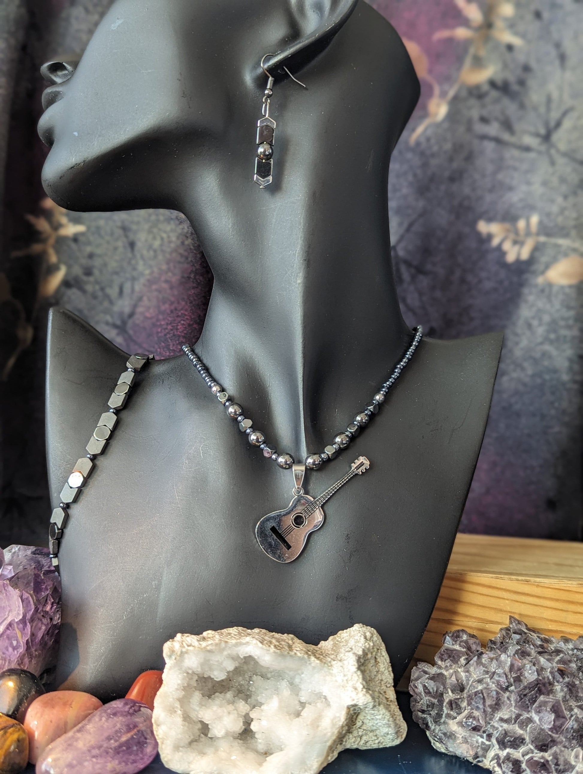 Silver Guitar Set: Silver Metallic Guitar Pendant, on a Silver Hematite Styled Beaded Necklace with Fitting Bracelet and Earrings