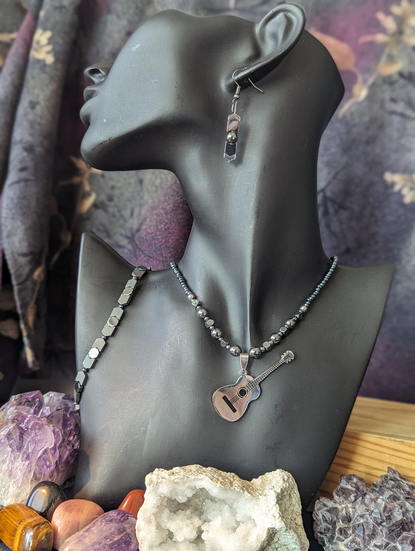 Silver Guitar Set: Silver Metallic Guitar Pendant, on a Silver Hematite Styled Beaded Necklace with Fitting Bracelet and Earrings