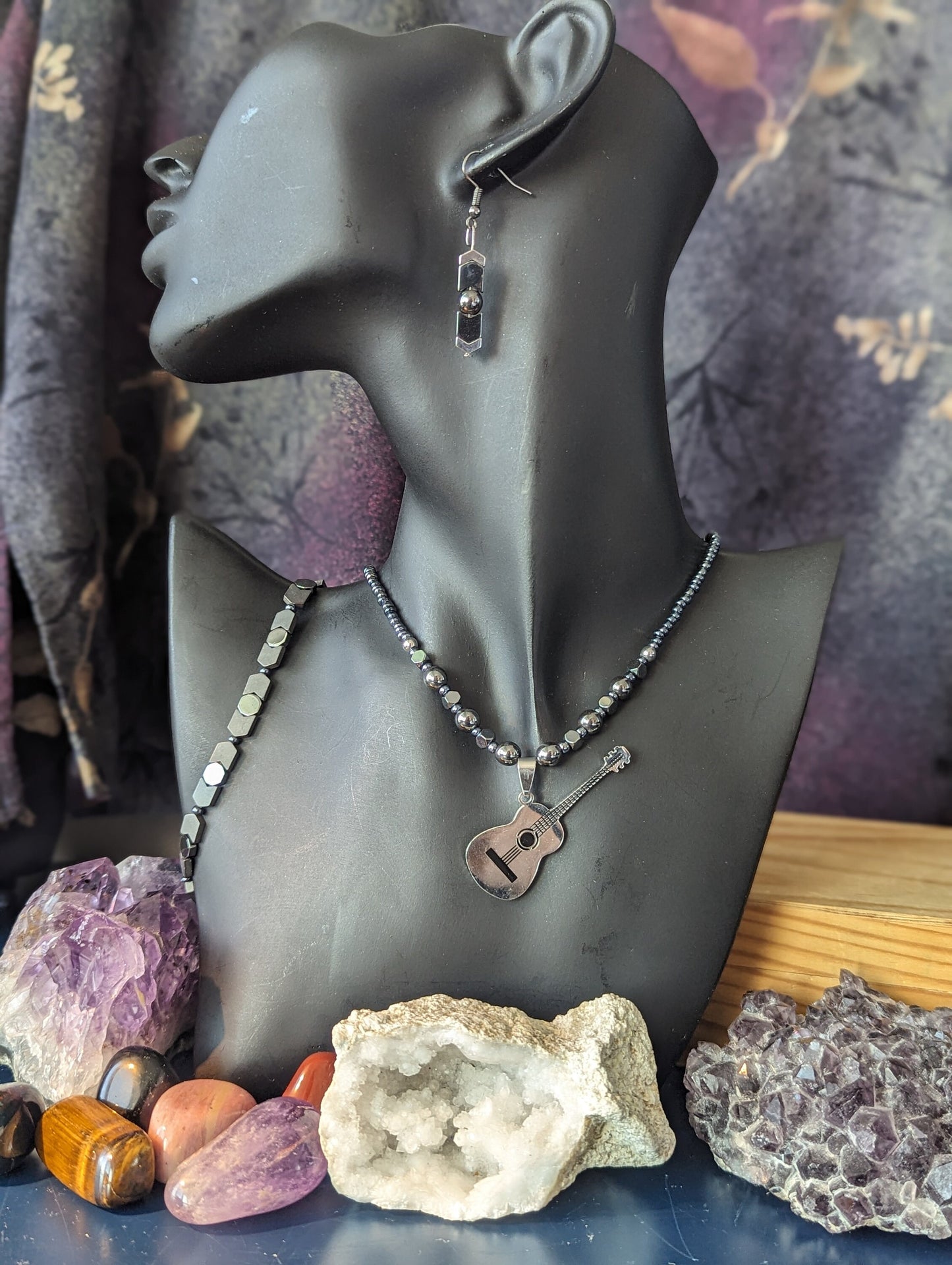 Silver Guitar Set: Silver Metallic Guitar Pendant, on a Silver Hematite Styled Beaded Necklace with Fitting Bracelet and Earrings