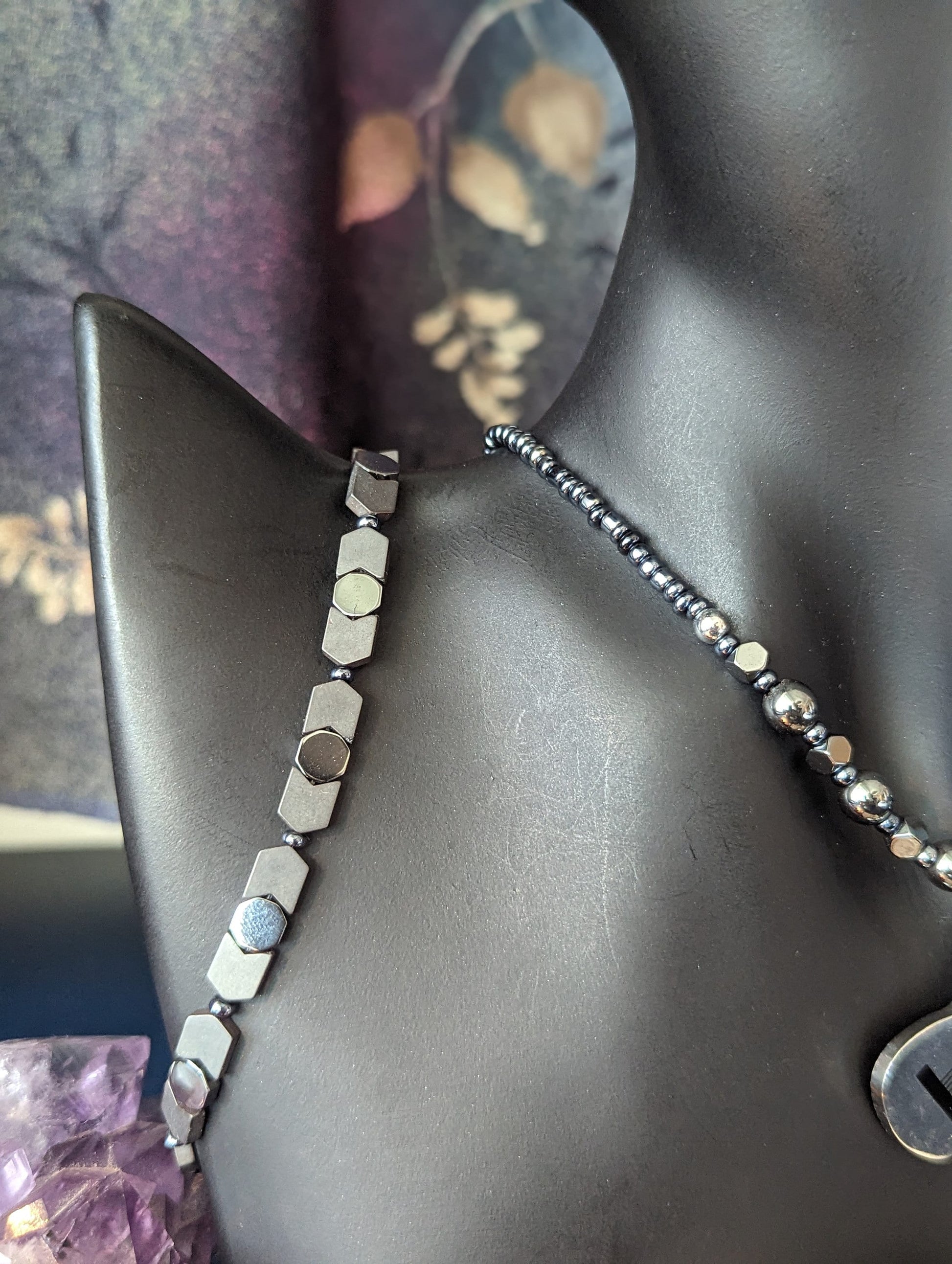 Silver Guitar Set: Silver Metallic Guitar Pendant, on a Silver Hematite Styled Beaded Necklace with Fitting Bracelet and Earrings